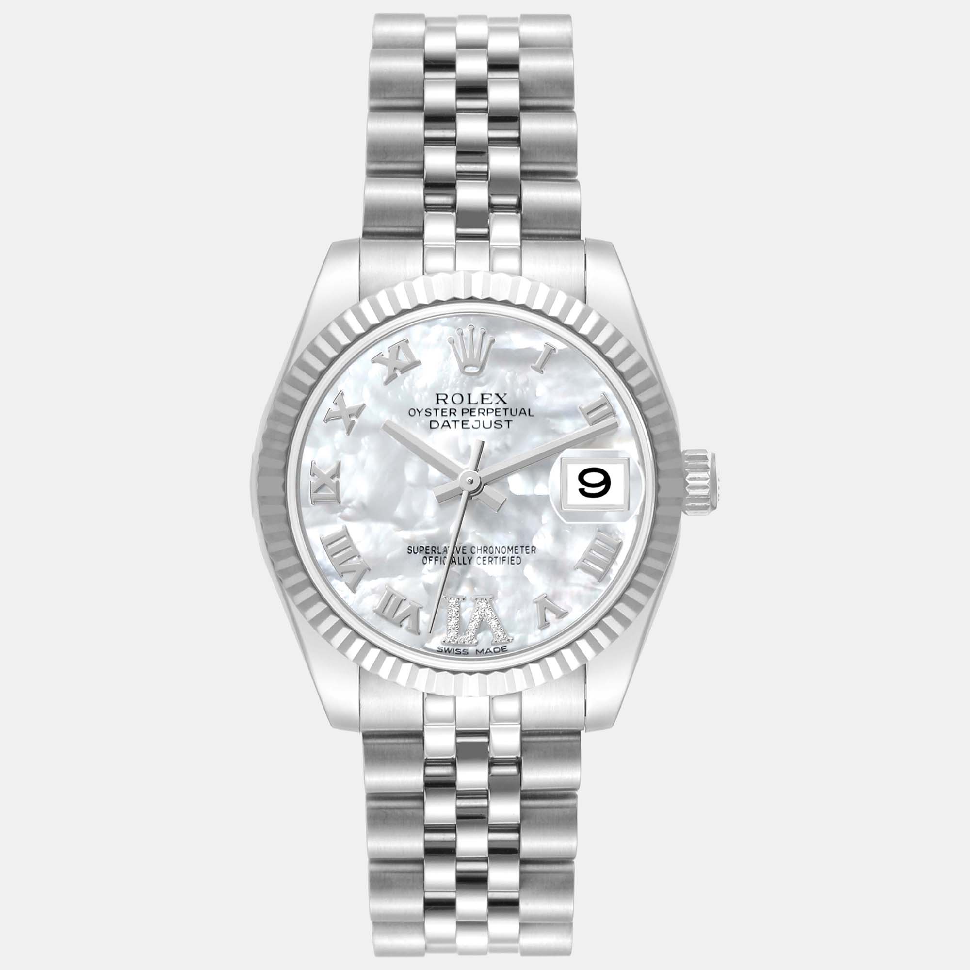 

Rolex Datejust Midsize Mother Of Pearl Diamond Dial Steel White Gold Ladies Watch 178274, Silver