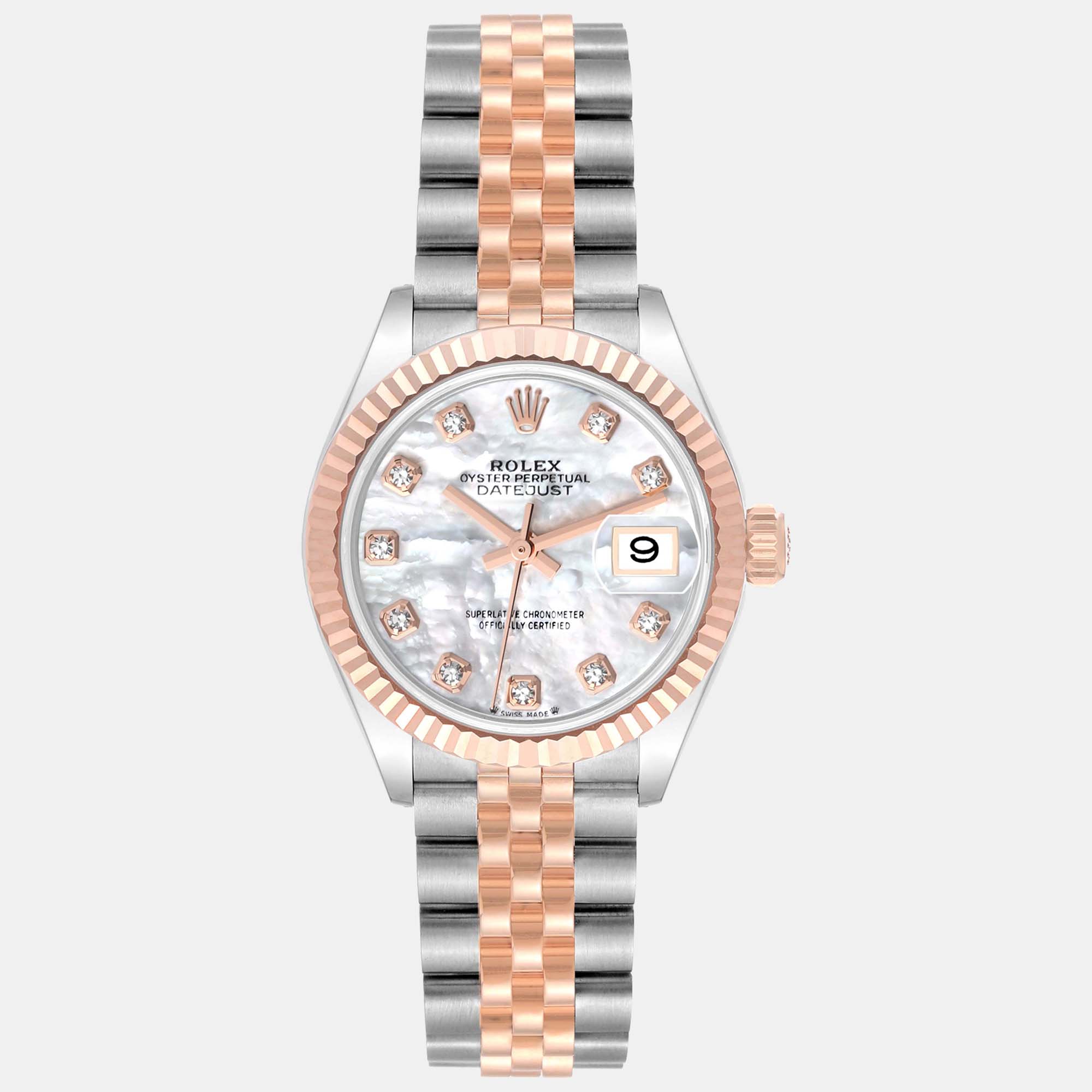 

Rolex Datejust 28 Steel Rose Gold Mother Of Pearl Diamond Dial Ladies Watch 279171 Unworn, Silver