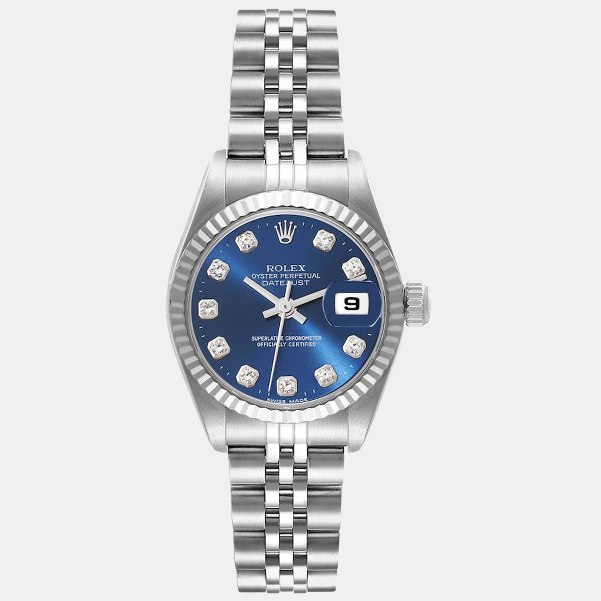 Pre-owned Rolex Datejust Blue Diamond Dial White Gold Steel Ladies Watch 79174