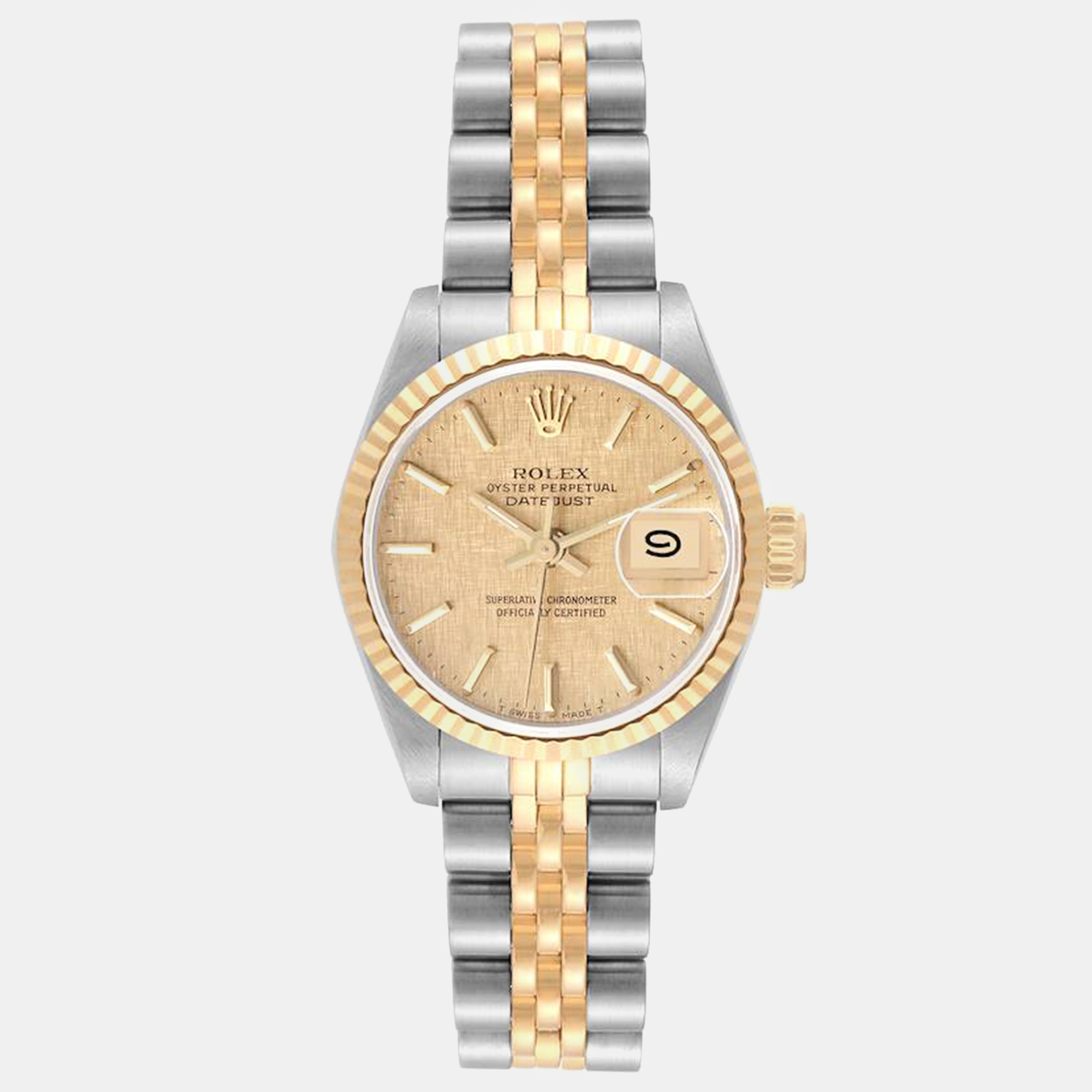 Pre-owned Rolex Datejust Champagne Linen Dial Steel Yellow Gold Ladies Watch 69173 26 Mm