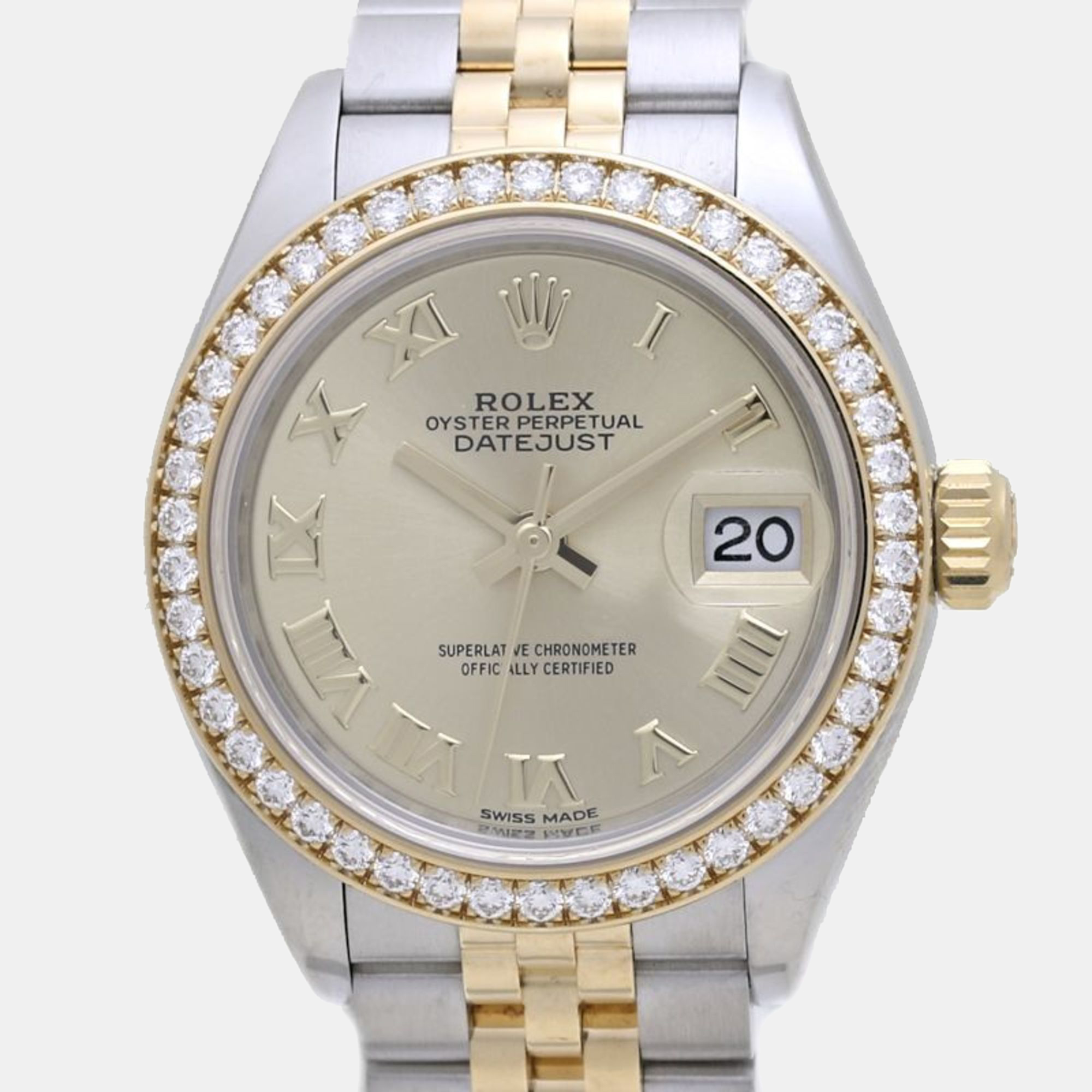 Pre-owned Rolex Champagne 18k Yellow Gold Stainless Steel Datejust 279383rbr Automatic Women's Wristwatch 28 Mm