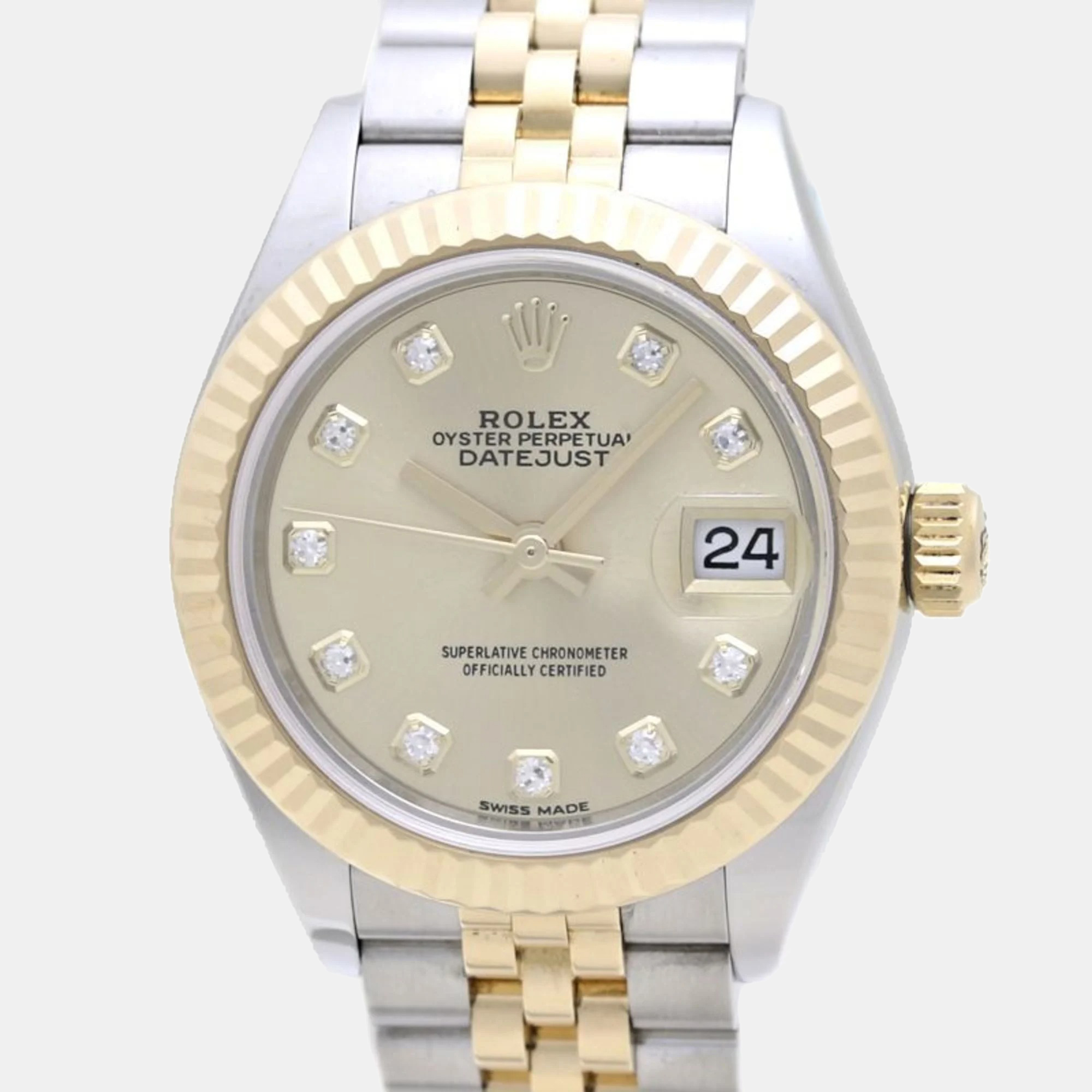 Pre-owned Rolex Champagne 18k Yellow Gold Stainless Steel Diamond Datejust 279173 Automatic Women's Wristwatch 28 Mm