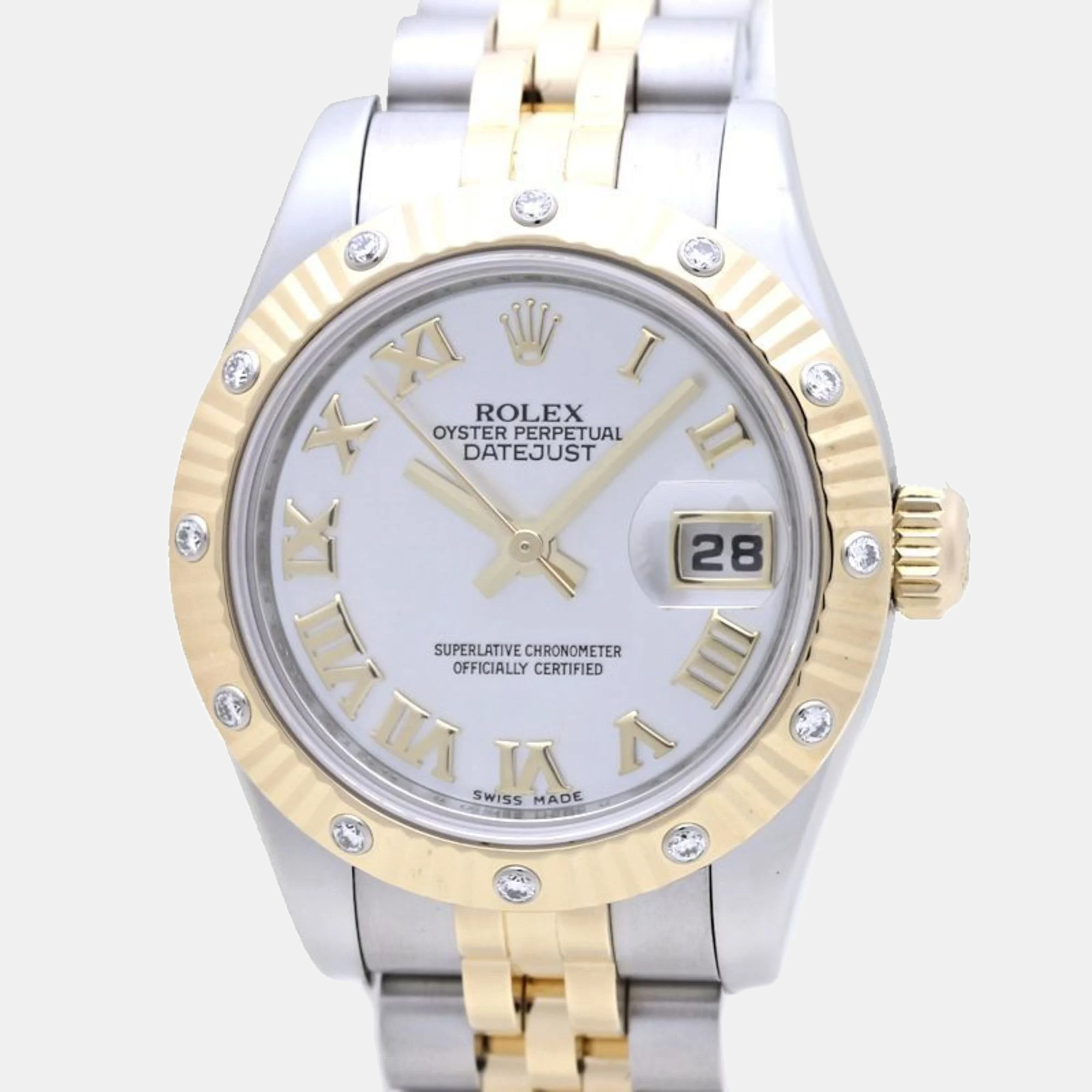 Pre-owned Rolex White Shell Diamond 18k Yellow Gold Stainless Steel Datejust 179313nr Automatic Women's Wristwatch 2