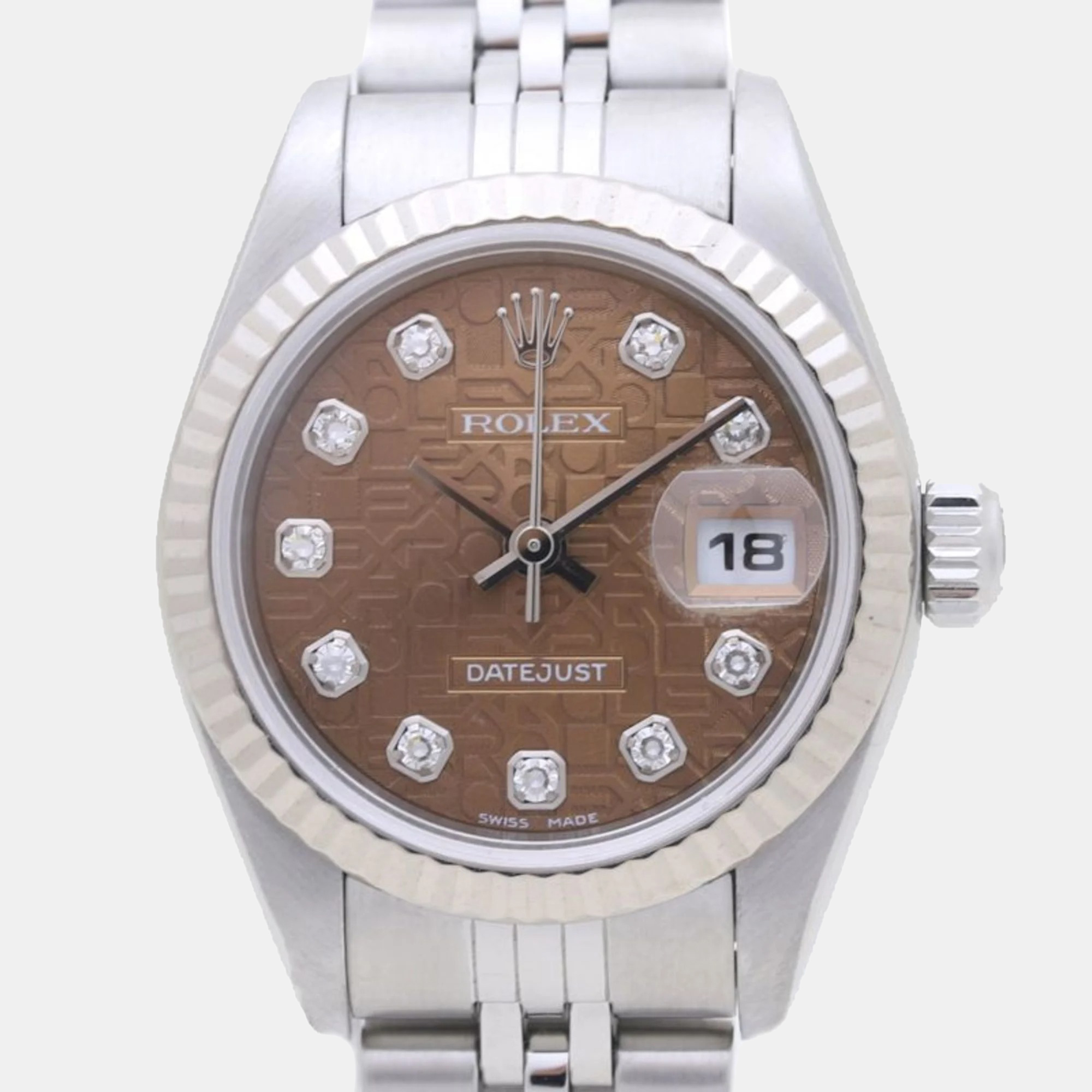 Pre-owned Rolex Brown 18k White Gold Stainless Steel Diamond Datejust 79174 Automatic Women's Wristwatch 26 Mm