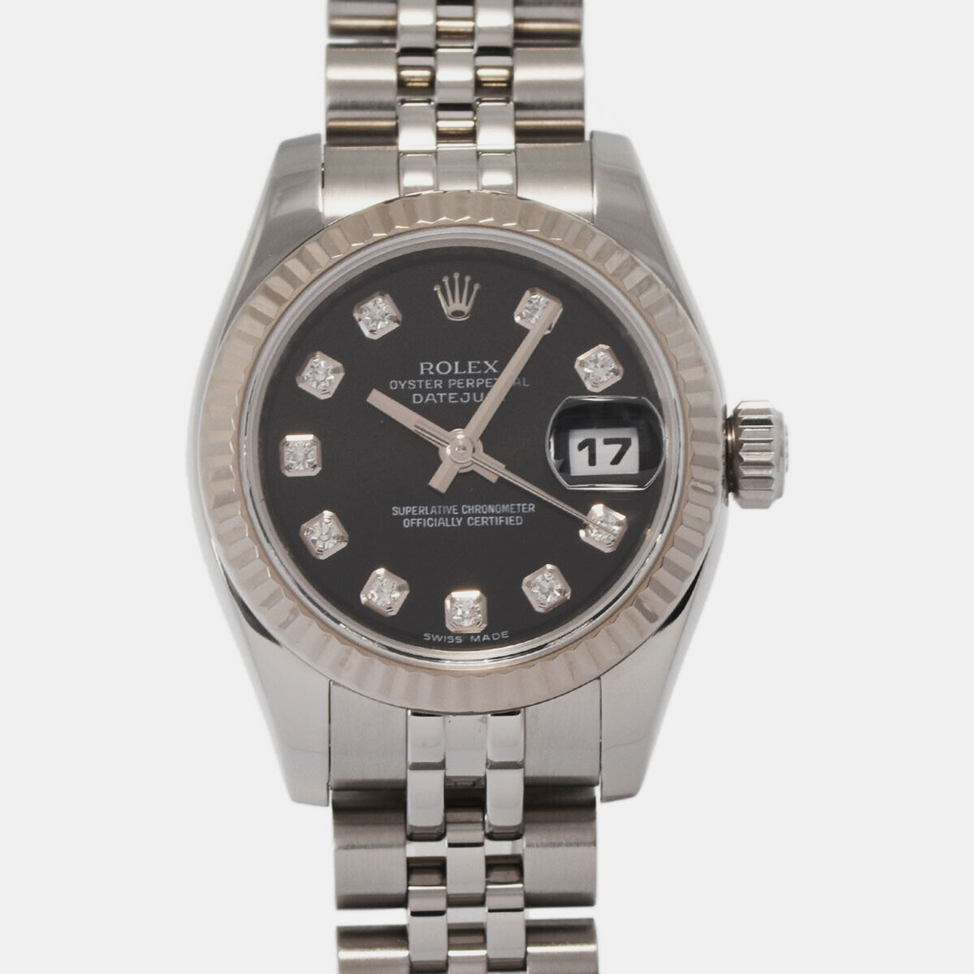 Pre-owned Rolex Black 18k White Gold Stainless Steel Datejust 179174 Automatic Women's Wristwatch 26 Mm