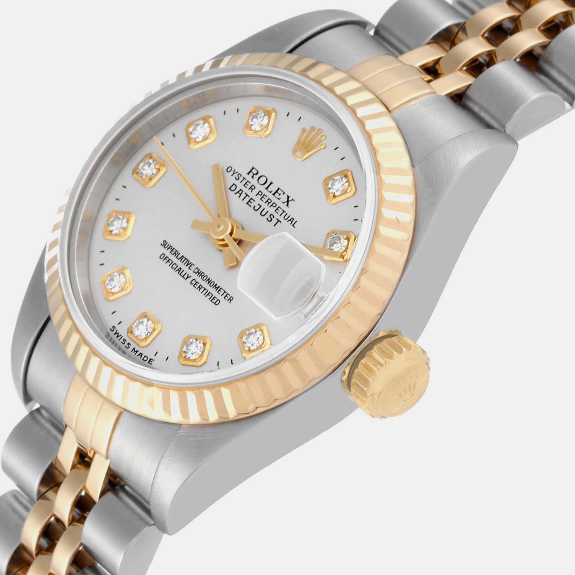 

Rolex Datejust Silver Diamond Dial Steel Yellow Gold Ladies Watch 69173