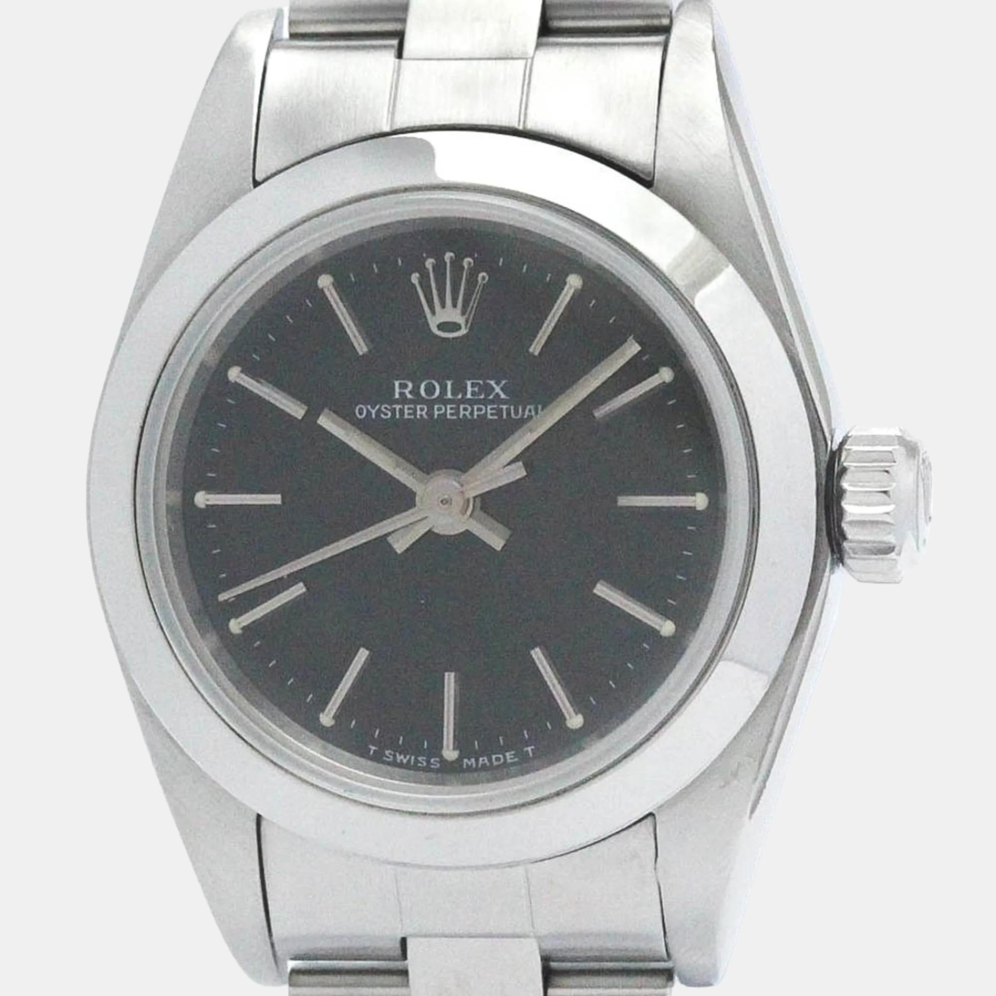 Pre-owned Rolex Black Stainless Steel Oyster Perpetual 67180 Automatic Women's Wristwatch 24 Mm