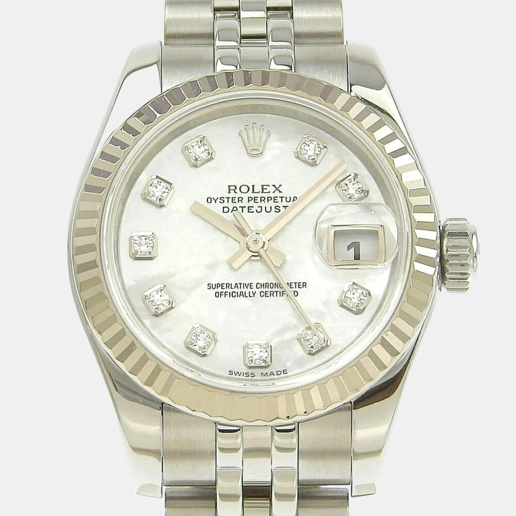 Pre-owned Rolex White Shell 18k White Gold Stainless Steel Diamond Datejust 179174 Automatic Women's Wristwatch 26 M