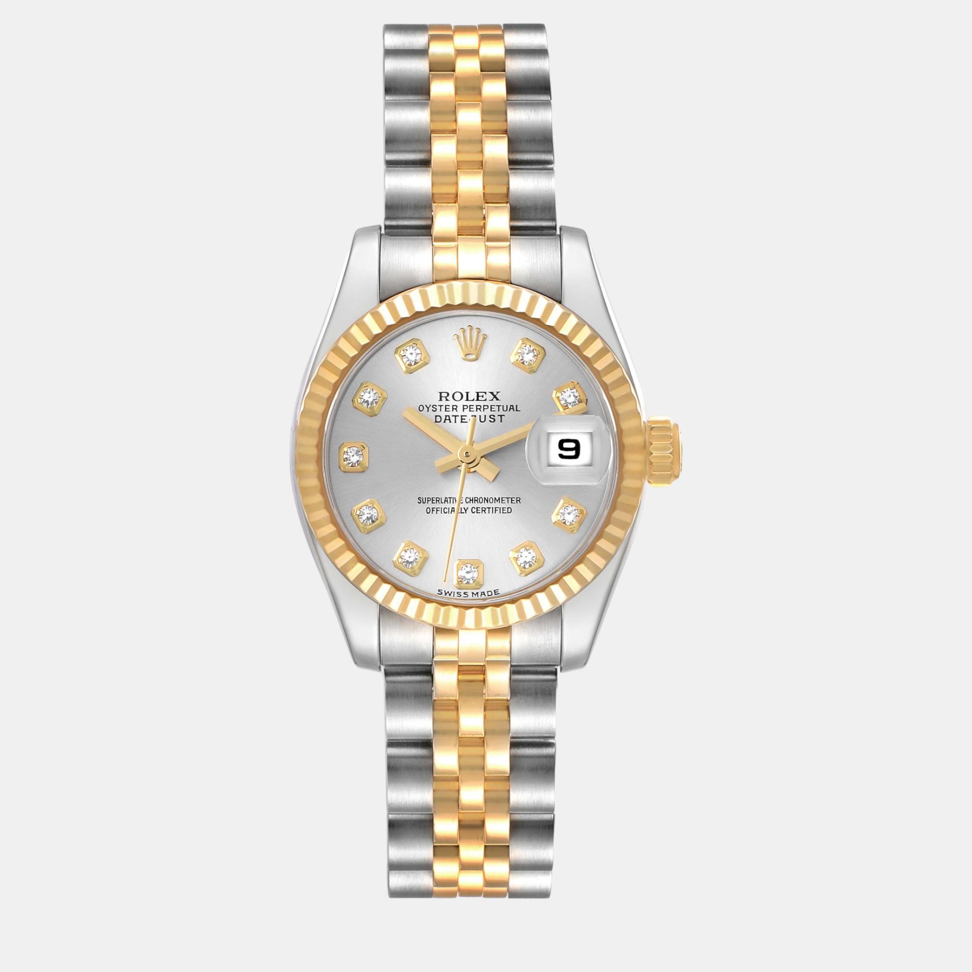 

Rolex Datejust 26 Steel Yellow Gold Diamond Dial Ladies Watch 179173, Silver