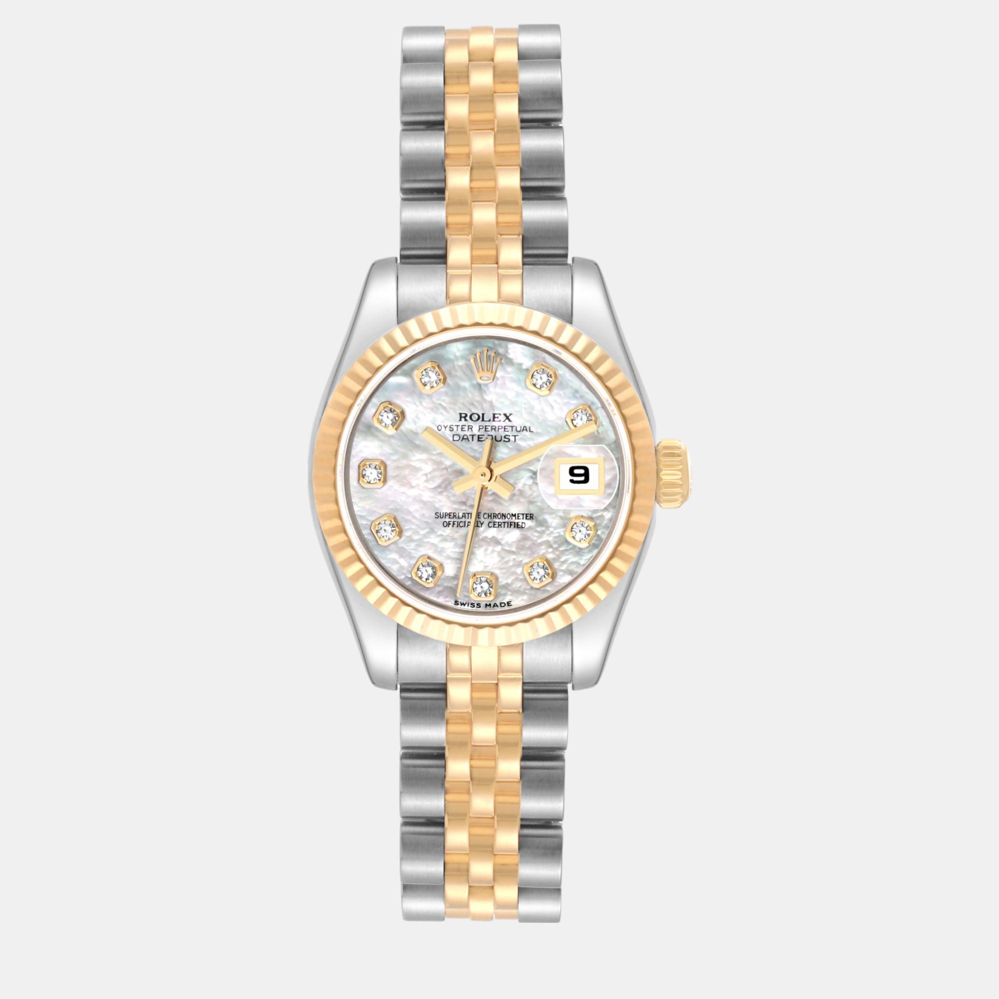 

Rolex Datejust Steel Yellow Gold Mother of Pearl Diamond Dial Ladies Watch 179173 26 mm, Silver