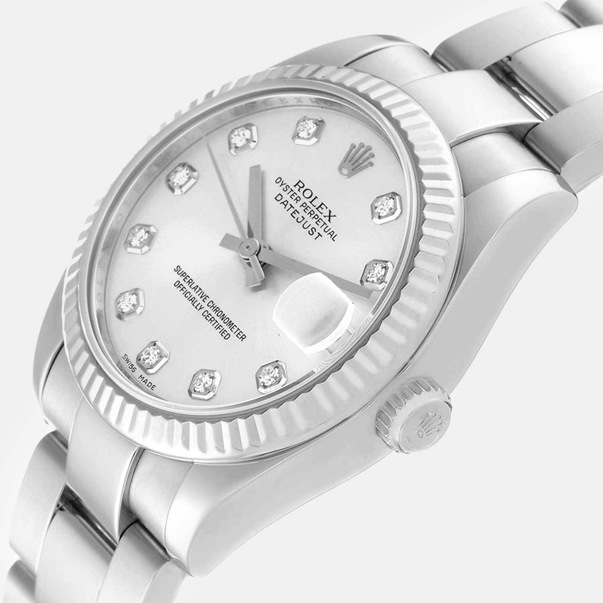 

Rolex Datejust Midsize 31 Steel White Gold Diamond Dial Ladies Watch 178274, Silver
