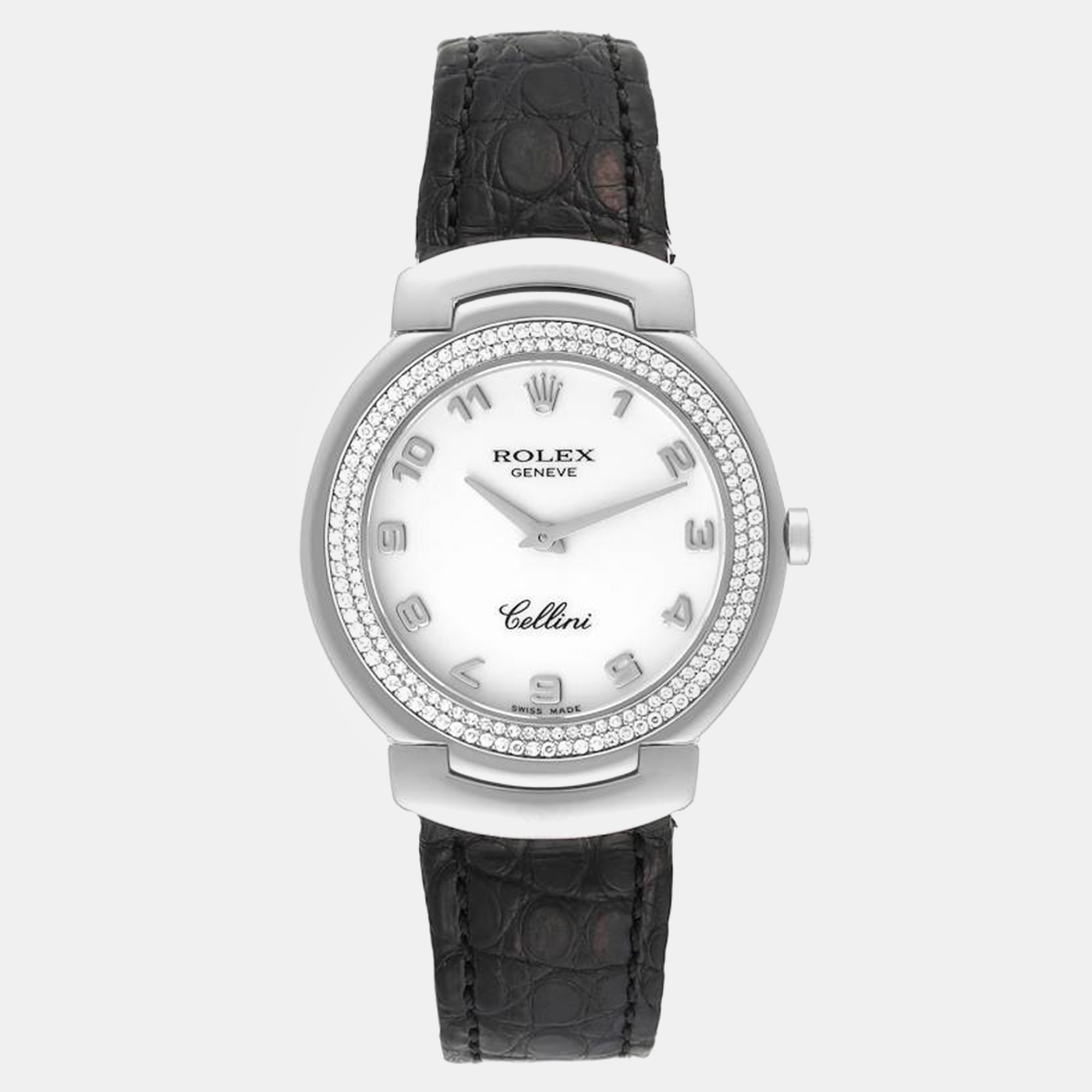 

Rolex Cellini White Gold Black Strap Diamond Ladies Watch