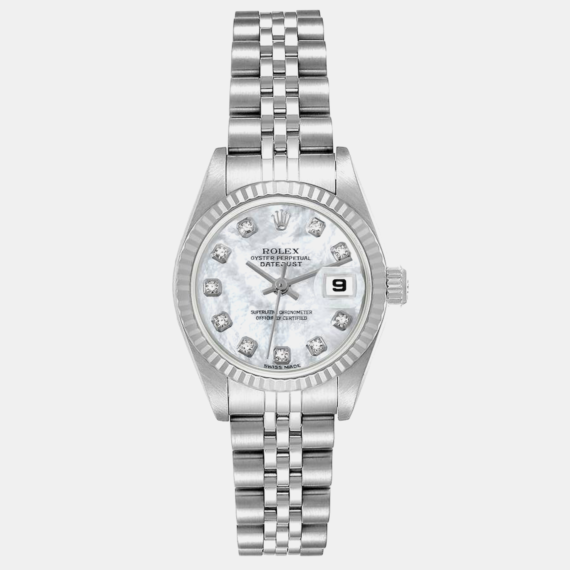 

Rolex Datejust Steel White Gold Mother of Pearl Diamond Dial Ladies Watch 26 mm, Multicolor