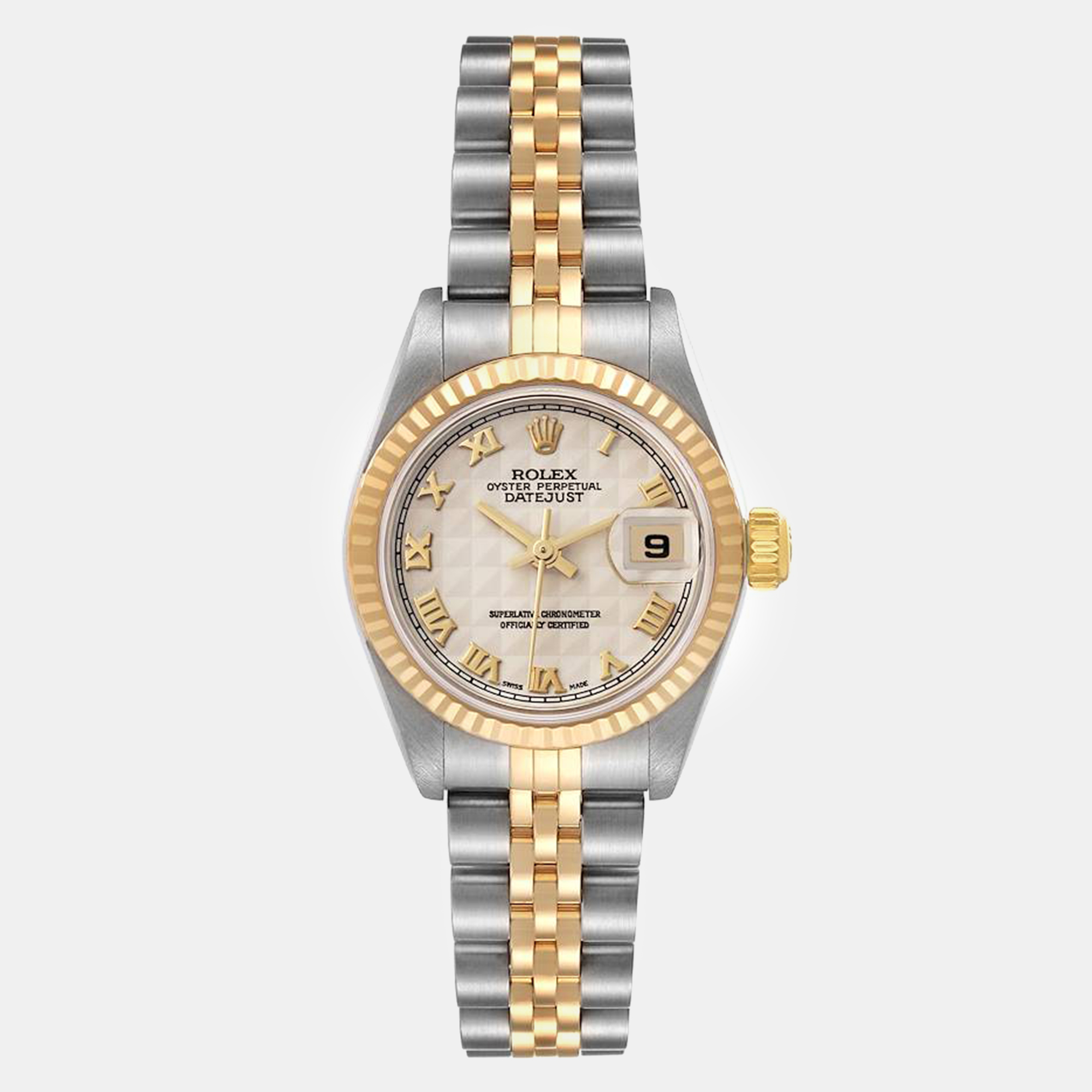 

Rolex Datejust Steel Yellow Gold Ivory Pyramid Dial Ladies Watch, Beige