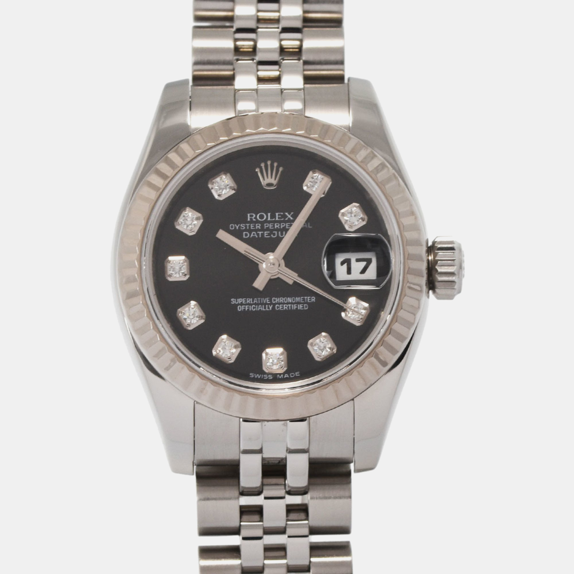 

Rolex Black 18k White Gold Stainless Steel Diamond Datejust 179174 Automatic Women's Wristwatch 26 mm