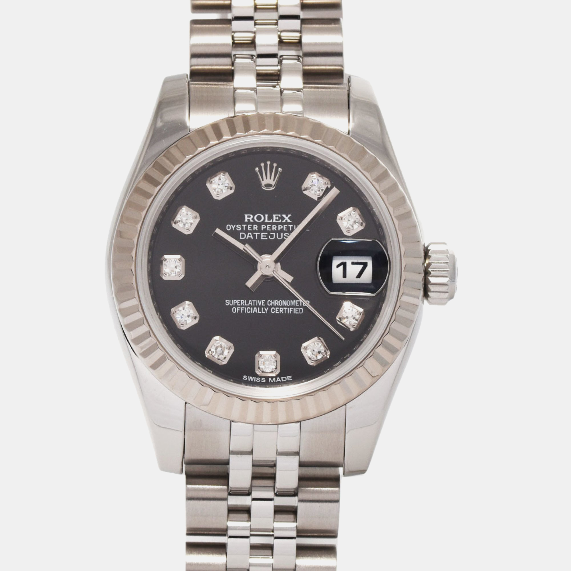 

Rolex Black 18k White Gold Stainless Steel Diamond Datejust 179174 Automatic Women's Wristwatch 26 mm