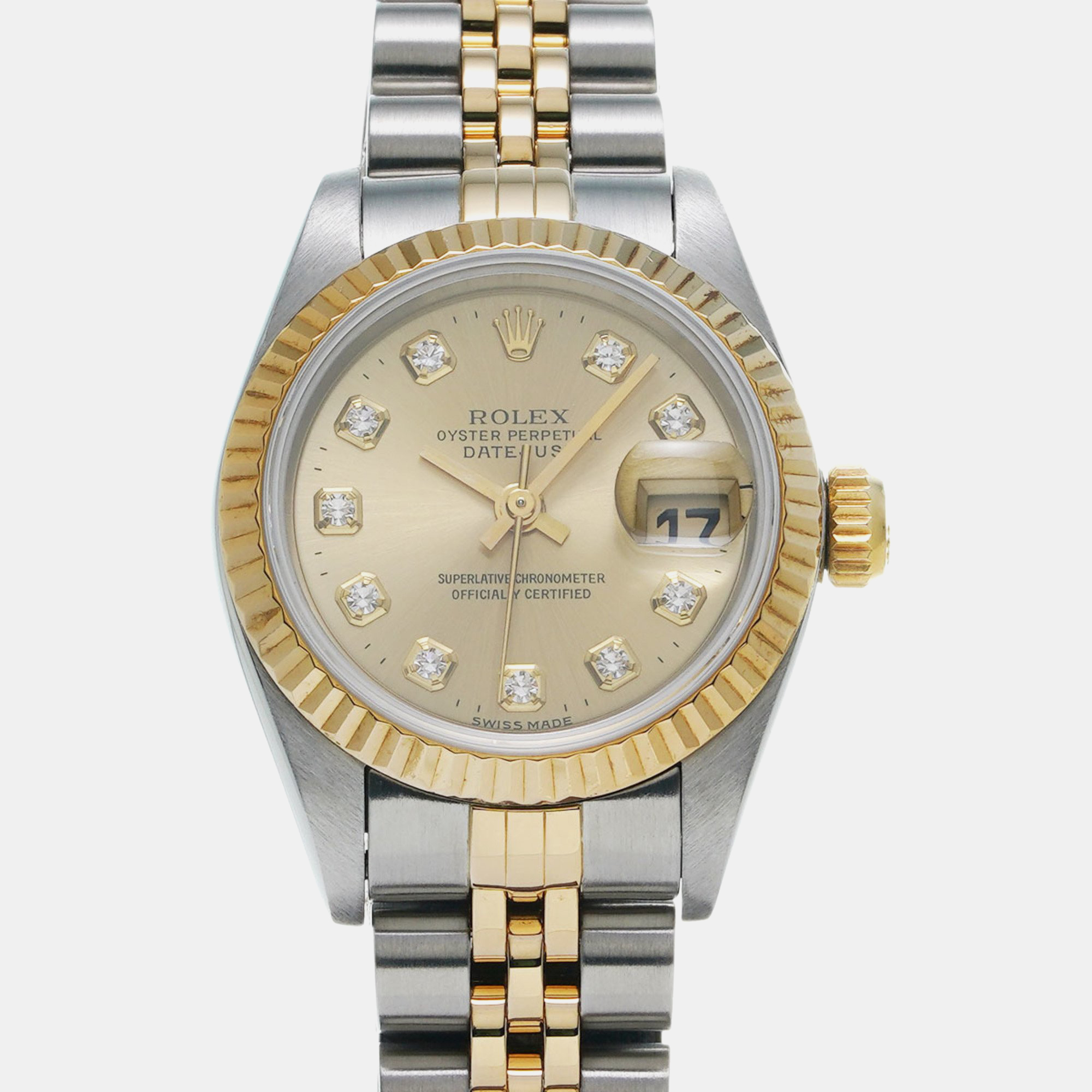

Rolex Champagne 18k Yellow Gold Stainless Steel Diamond Datejust 69173 Automatic Women's Wristwatch 26 mm