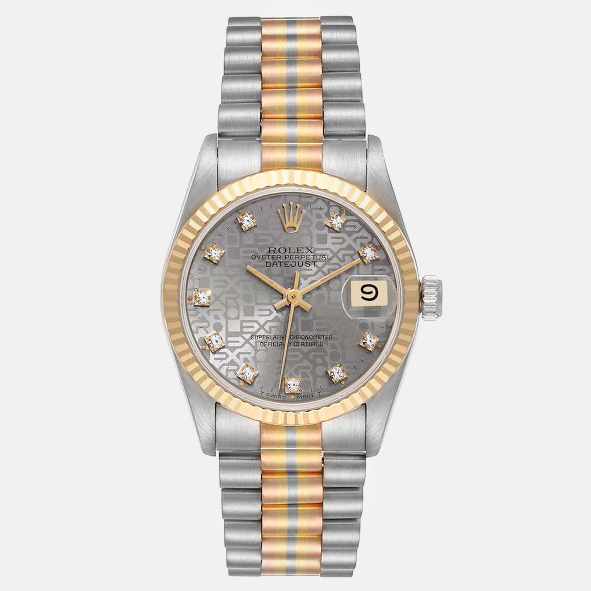 Pre-owned Rolex President Midsize Tridor White Yellow Rose Gold Diamond Ladies Watch 31 Mm In Silver