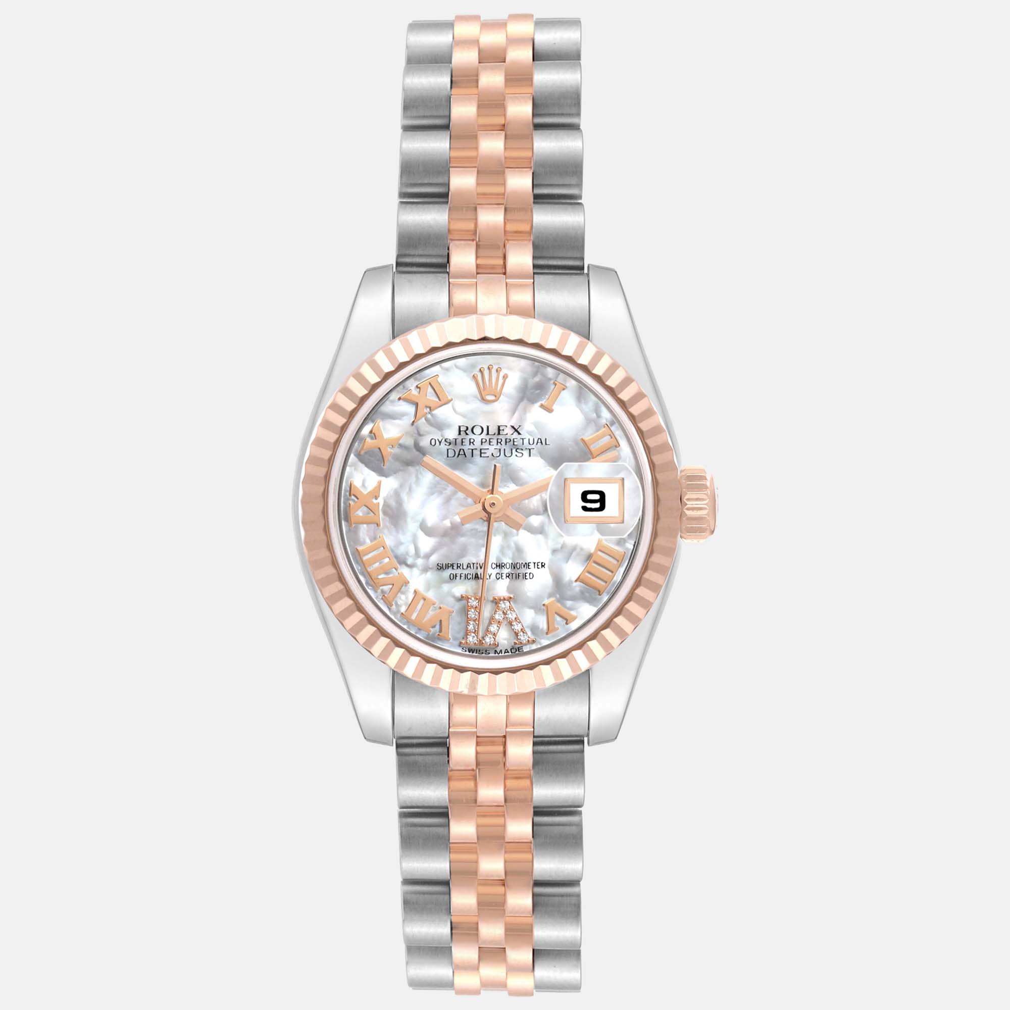 

Rolex Datejust Steel Rose Gold Mother of Pearl Diamond Dial Ladies Watch 26 mm, Silver