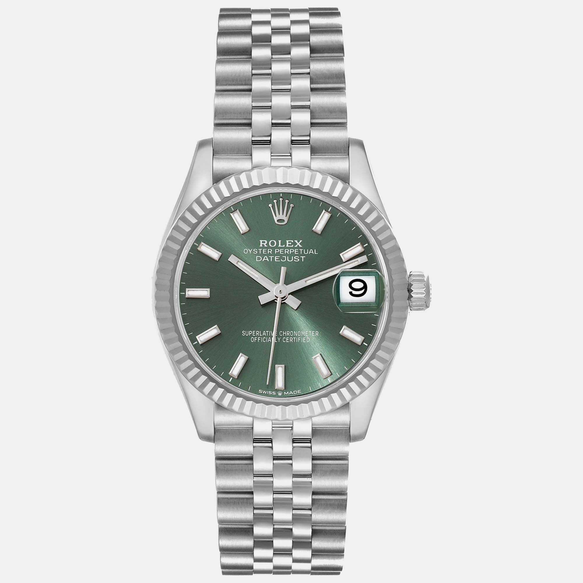 Pre-owned Rolex Datejust Midsize Steel White Gold Mint Green Dial Ladies Watch 31 Mm