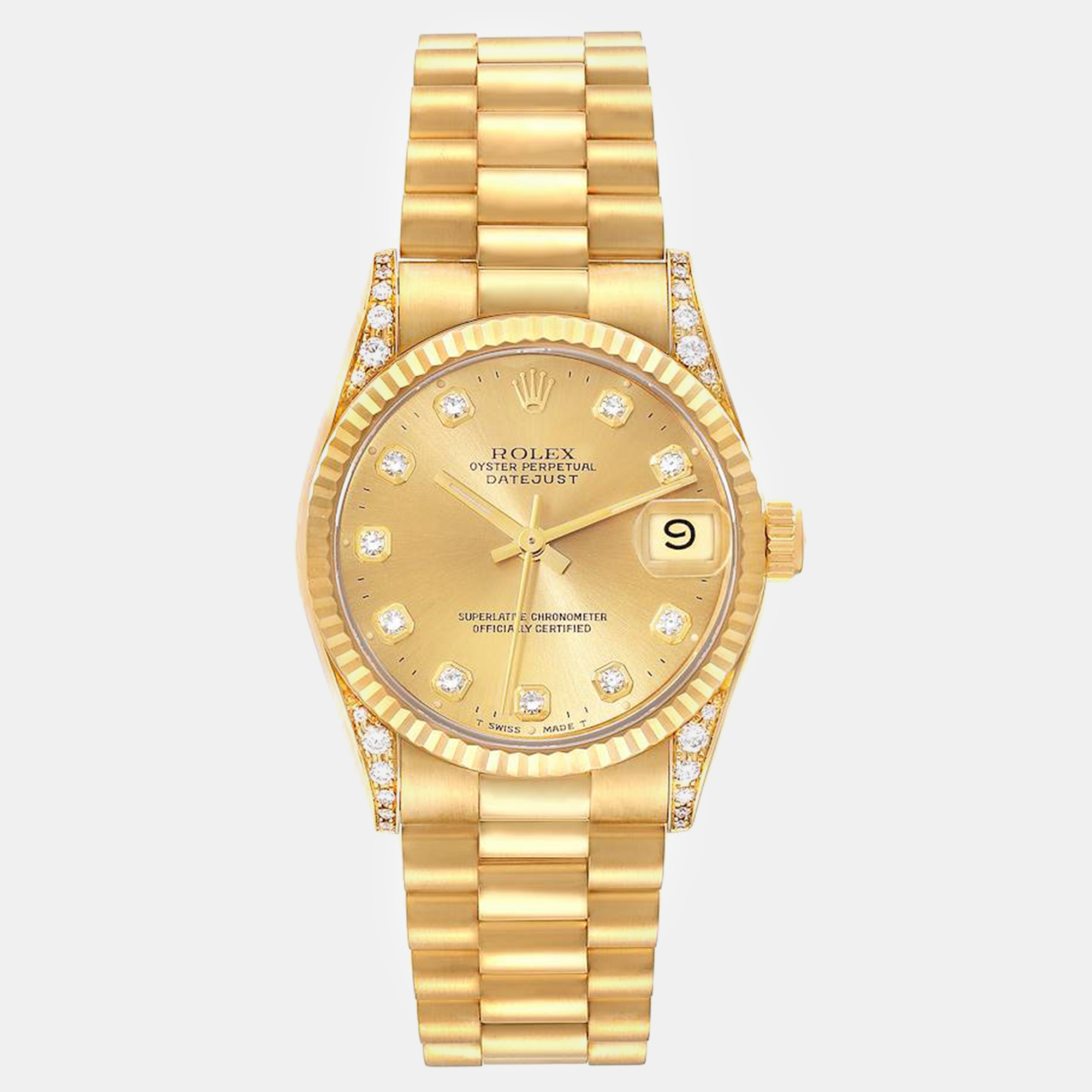 

Rolex President Midsize Champagne Dial Yellow Gold Diamond Ladies Watch 31 mm
