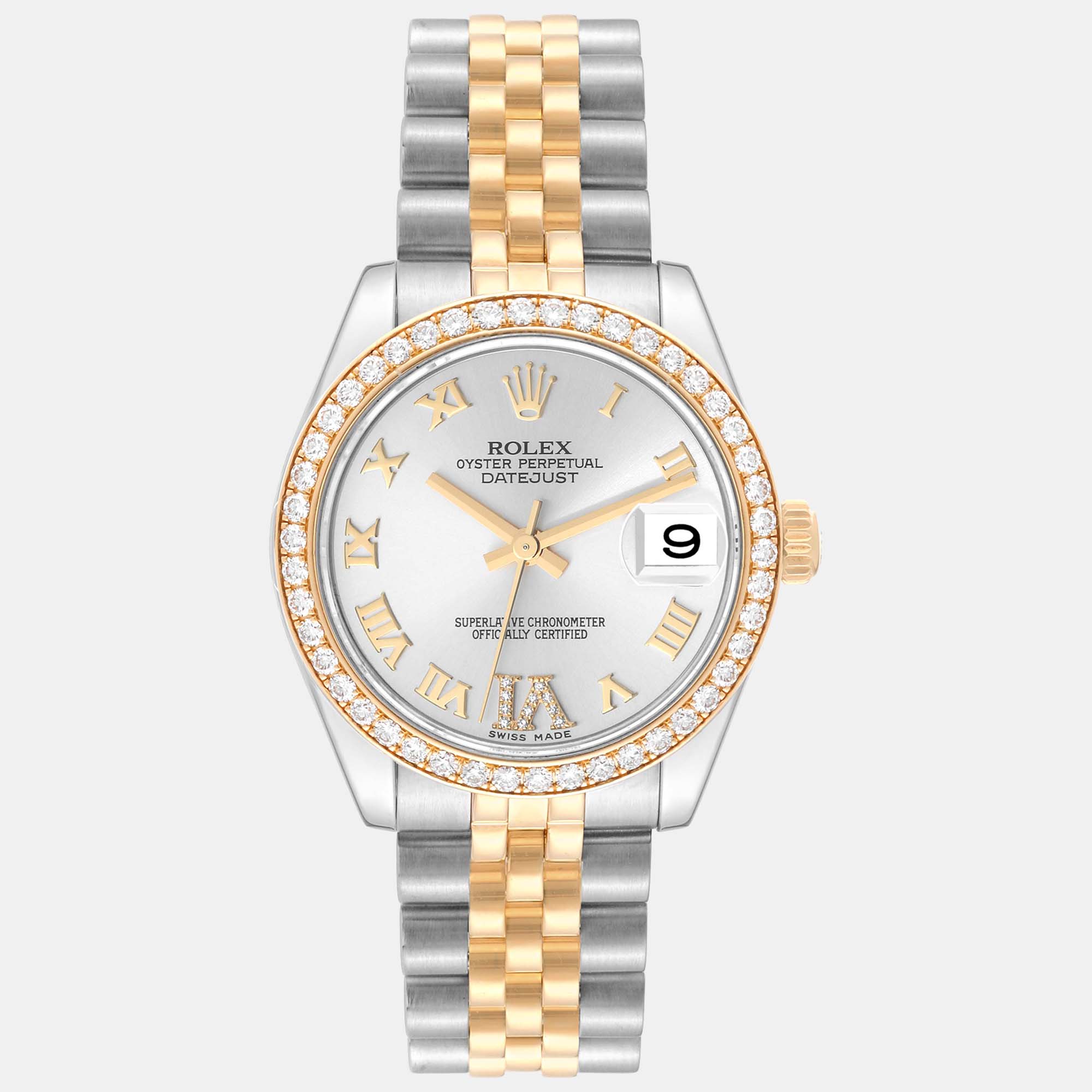 

Rolex Datejust Midsize Steel Yellow Gold Diamond Ladies Watch 31 mm, Silver