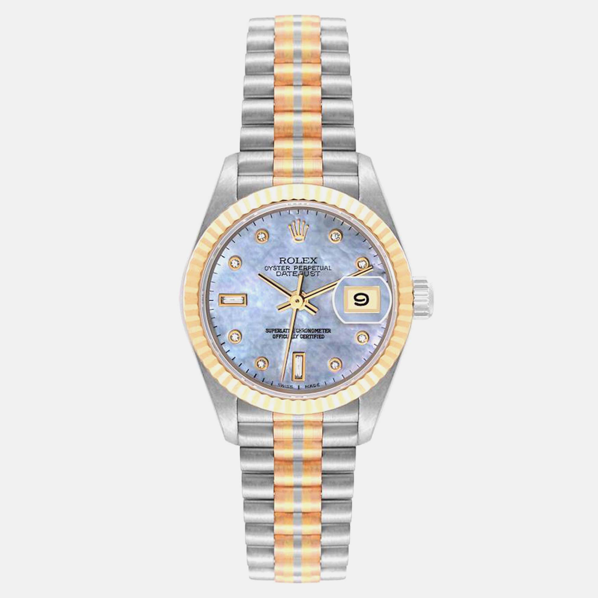 Pre-owned Rolex President Tridor White Yellow Rose Gold Mop Diamond Ladies Watch 26 Mm In Blue