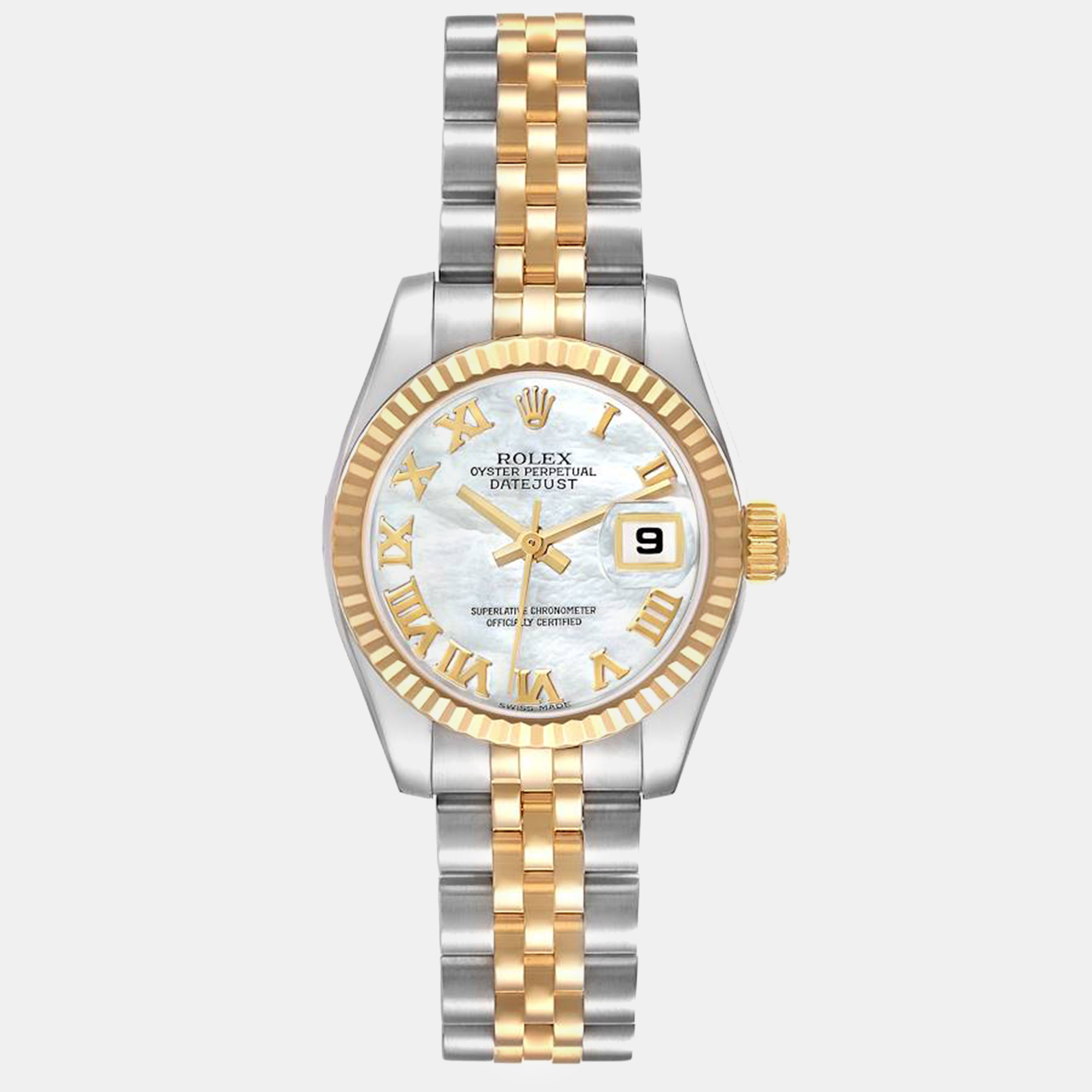 Pre-owned Rolex Datejust Steel Yellow Gold Mother Of Pearl Dial Ladies Watch 26 Mm In Silver