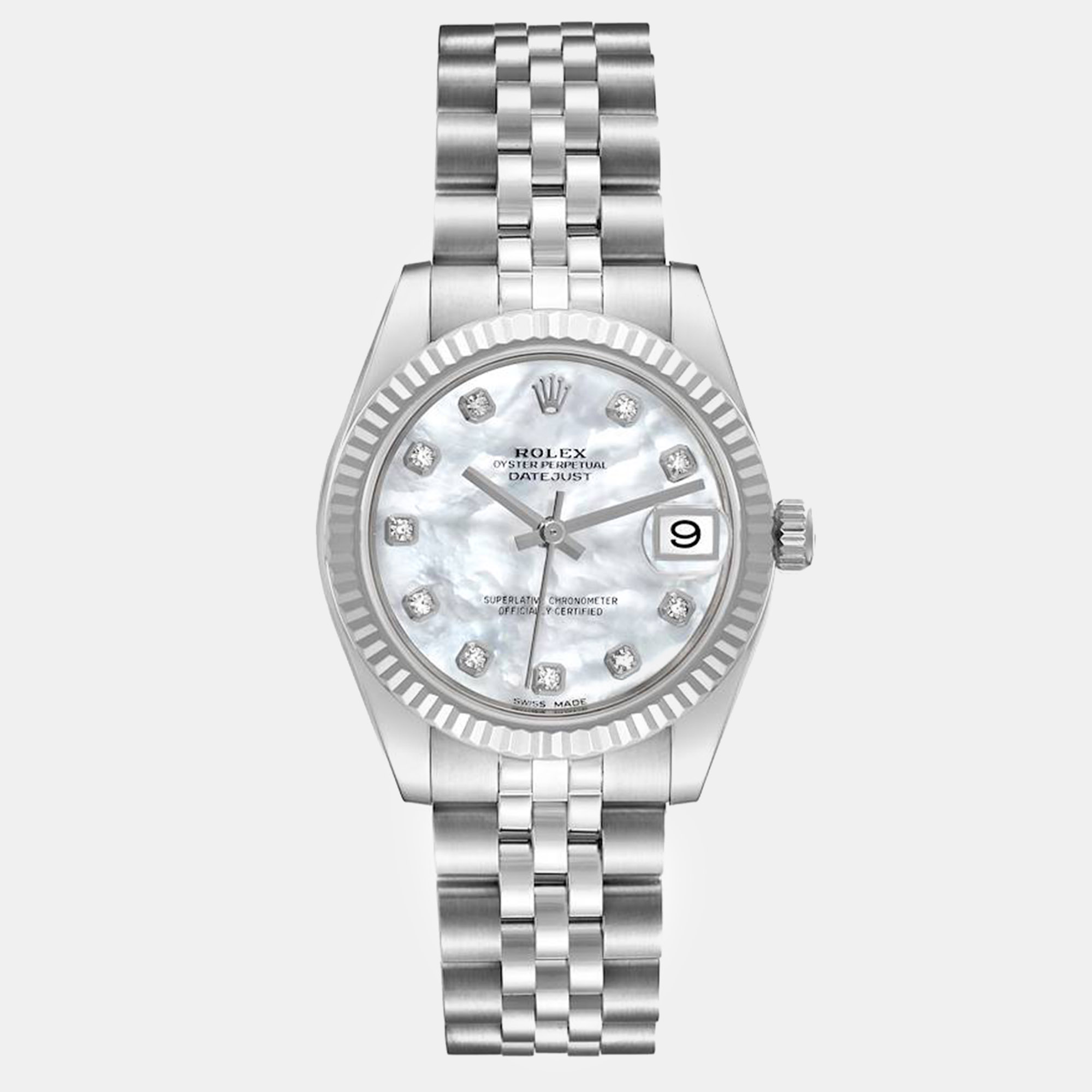 Pre-owned Rolex Datejust Midsize Mother Of Pearl Diamond Dial Steel White Gold Ladies Watch 31 Mm In Silver