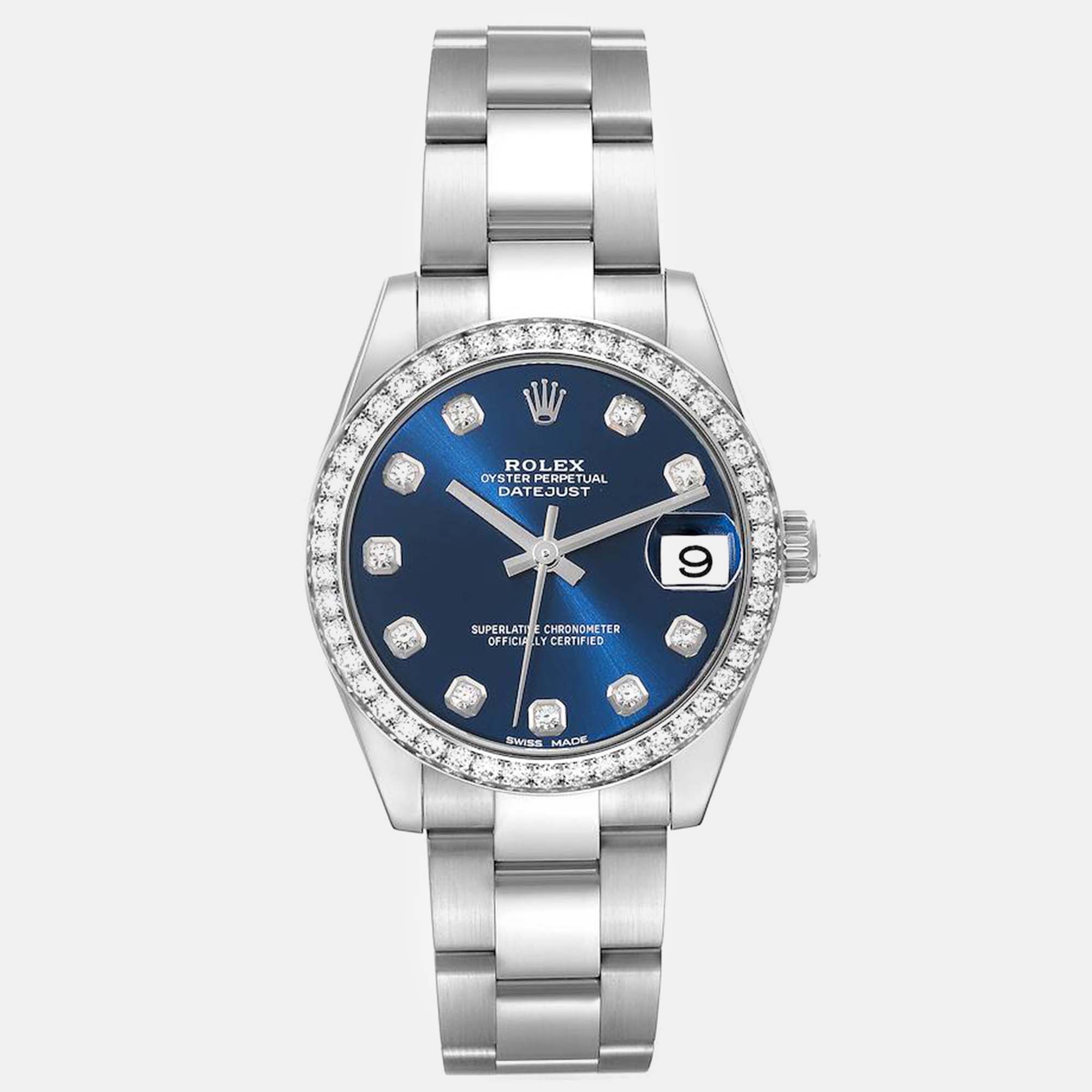 Pre-owned Rolex Datejust Midsize Steel White Gold Diamond Ladies Watch 31 Mm In Blue