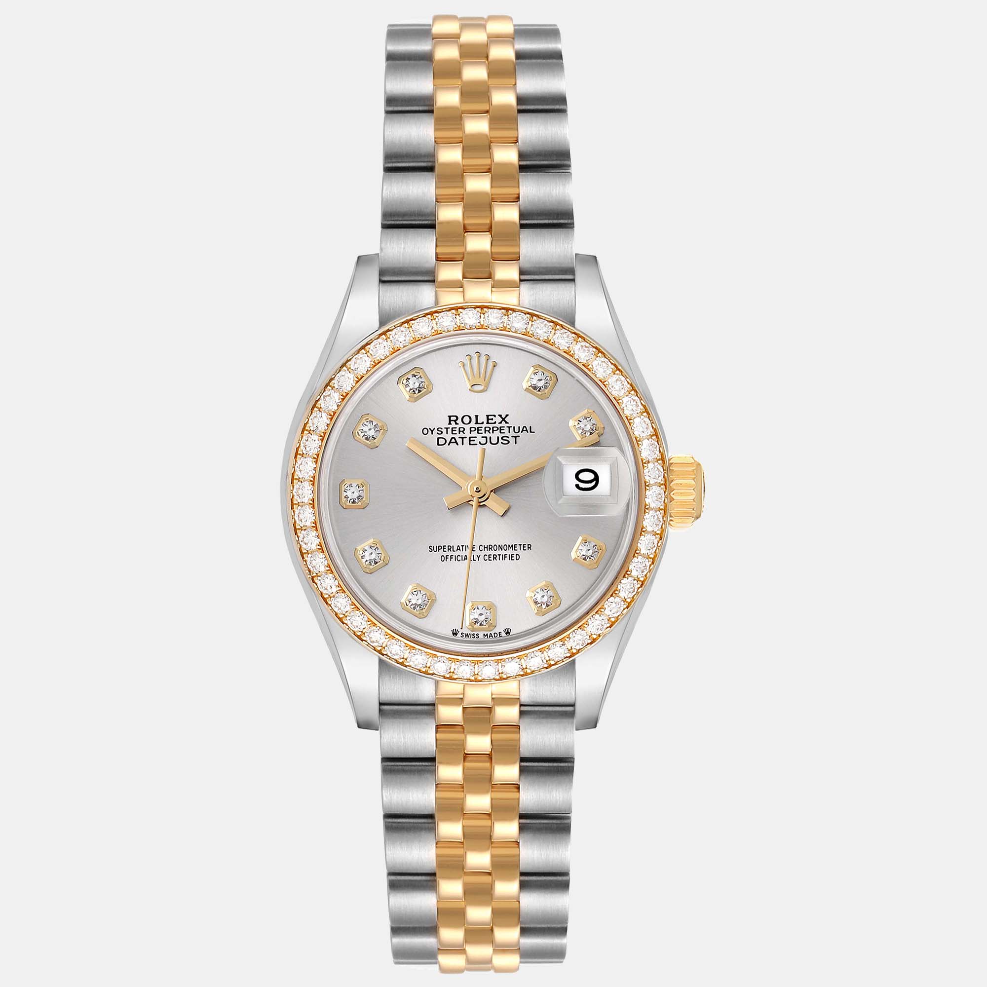 Pre-owned Rolex Datejust Steel Yellow Gold Diamond Ladies Watch 28 Mm In Silver