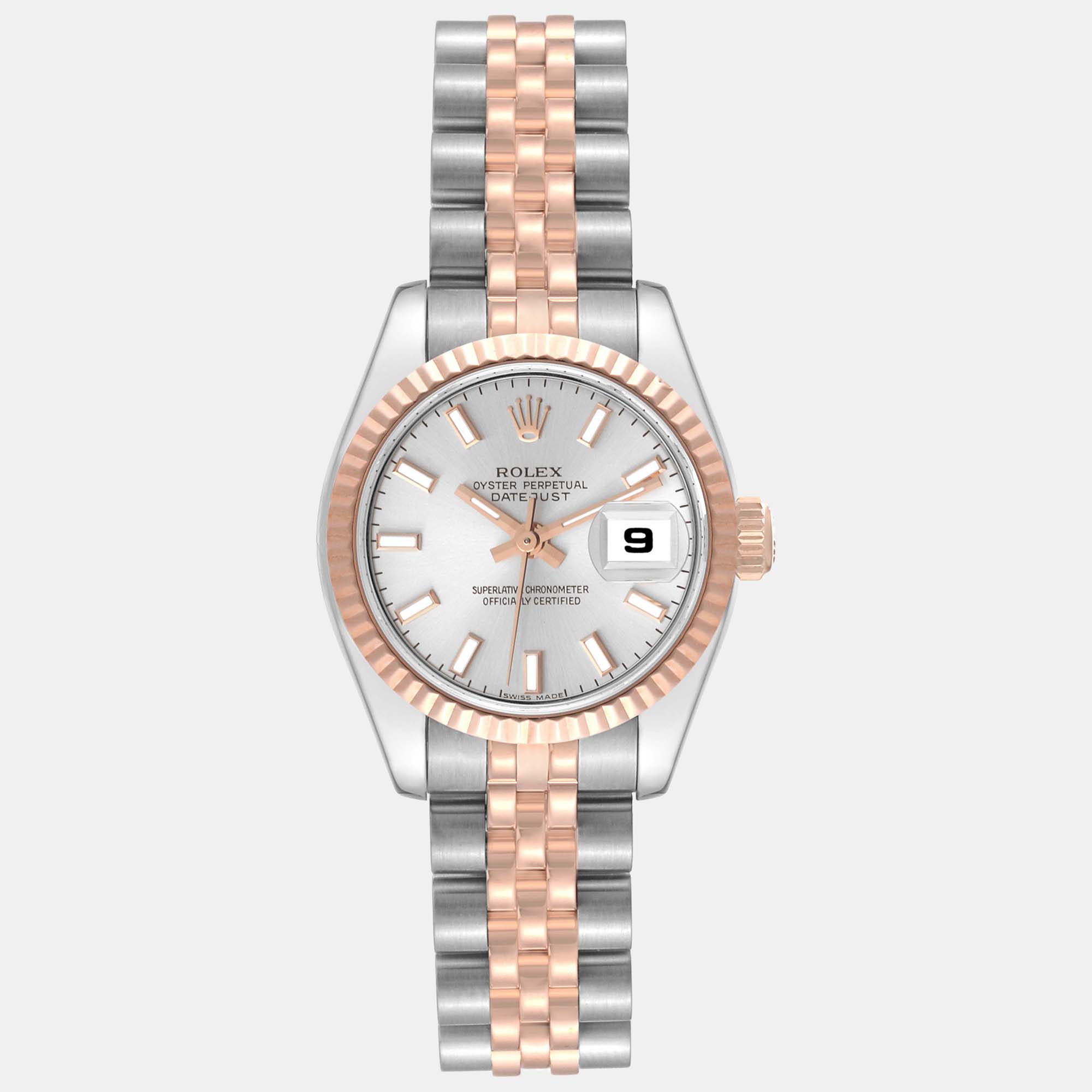 Pre-owned Rolex Datejust Steel Rose Gold Ladies Watch 26 Mm In Silver