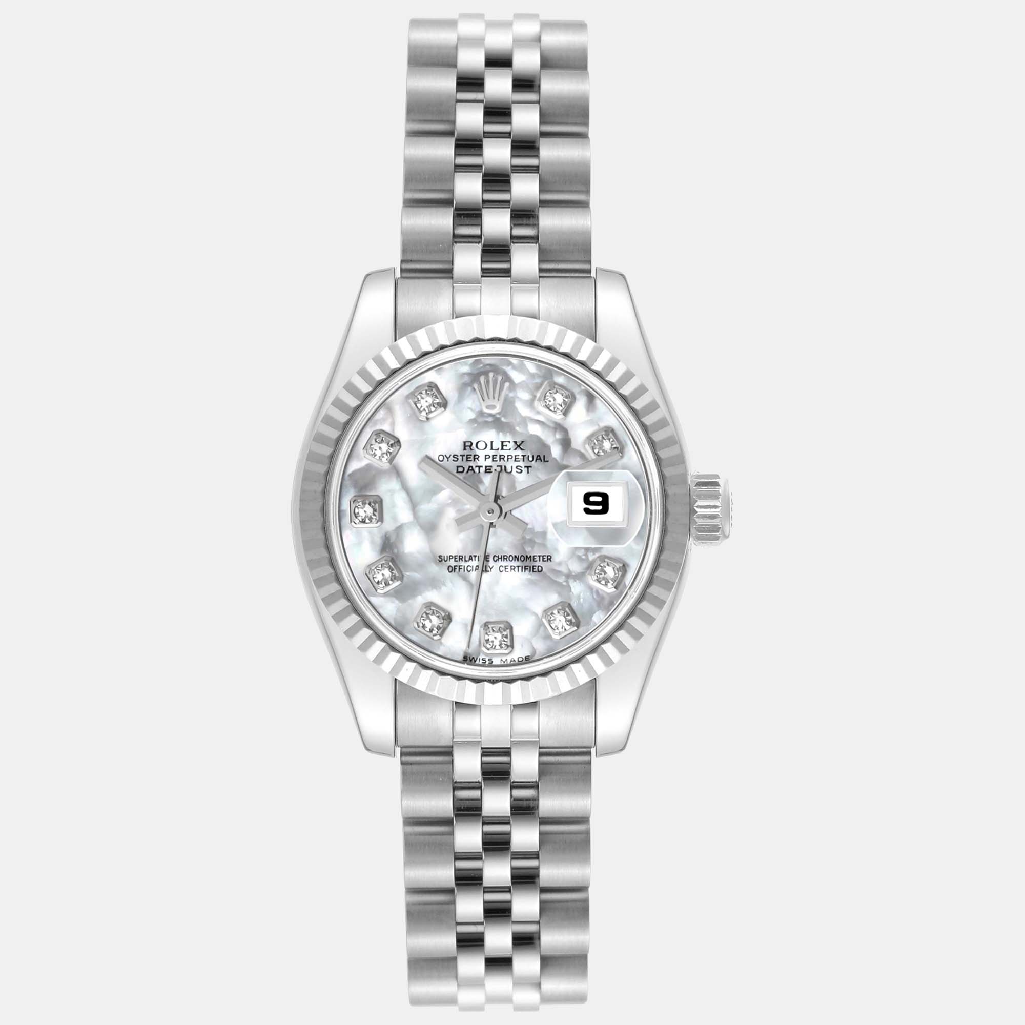 Pre-owned Rolex Datejust Steel White Gold Mother Of Pearl Diamond Dial Ladies Watch 26 Mm In Silver