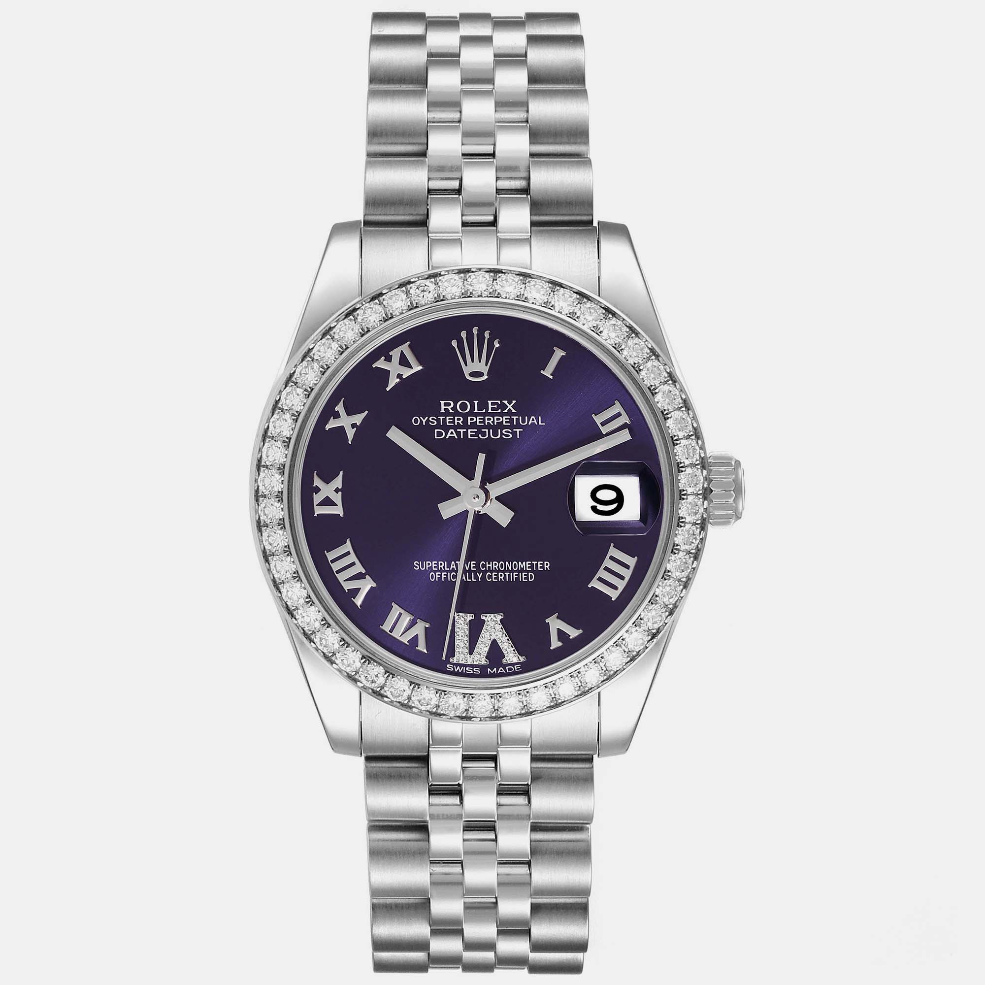 

Rolex Datejust Midsize Steel White Gold Purple Dial Diamond Ladies Watch