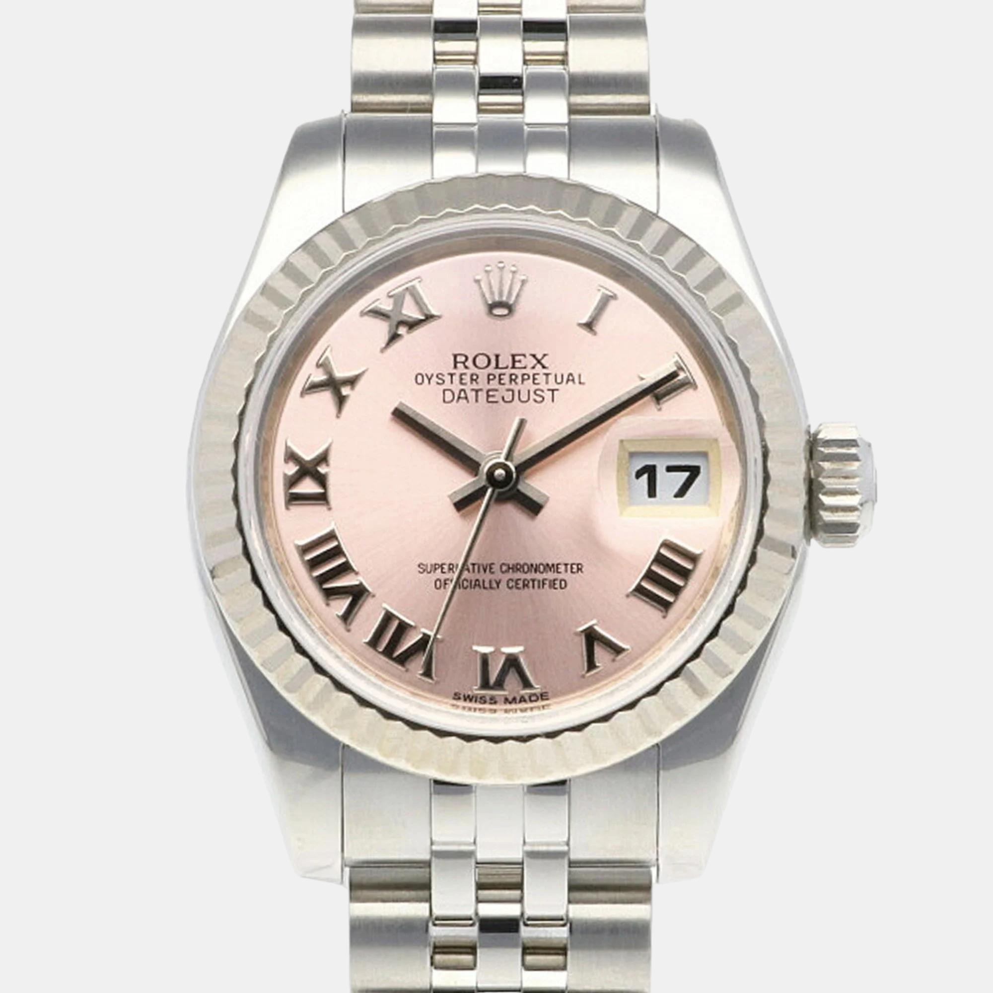 Pre-owned Rolex Pink 18k White Gold Stainless Steel Datejust 179174 Automatic Women's Wristwatch 26 Mm