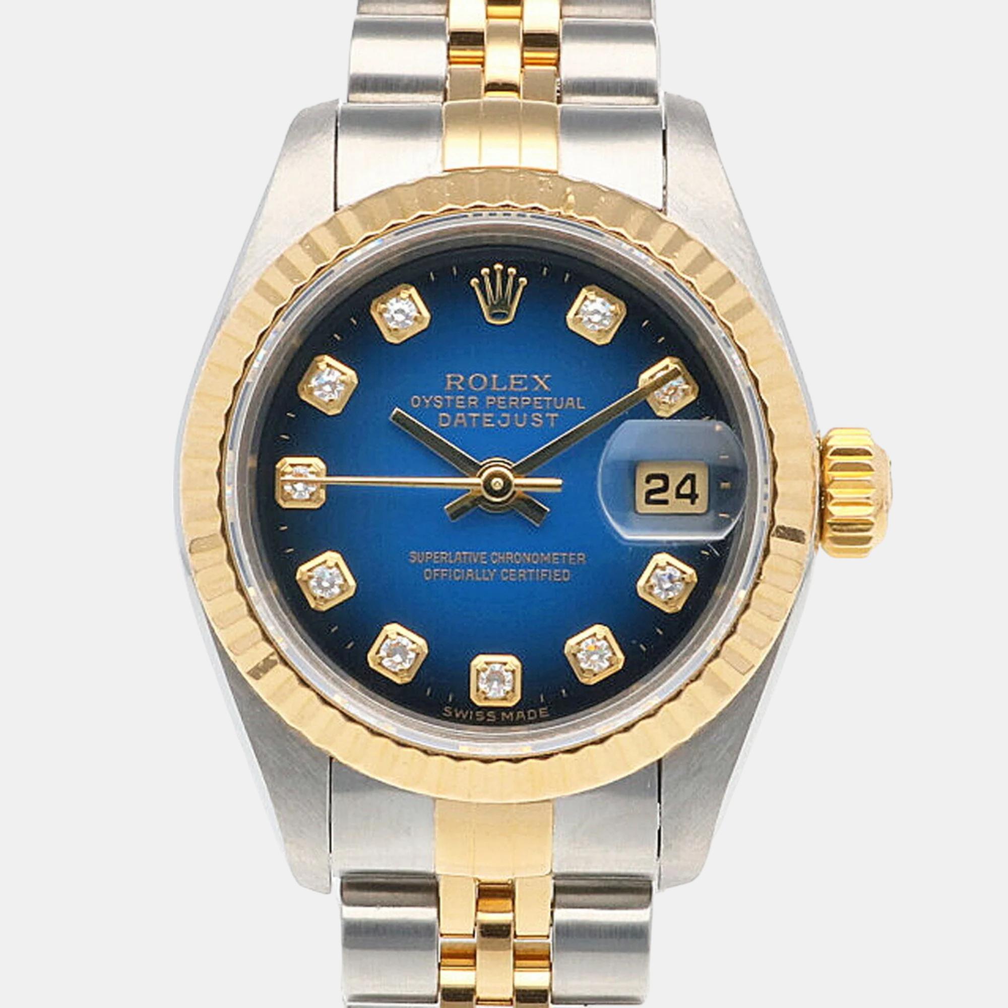 Pre-owned Rolex Blue Diamond 18k Yellow Gold Stainless Steel Datejust 79173 Automatic Women's Wristwatch 26 Mm