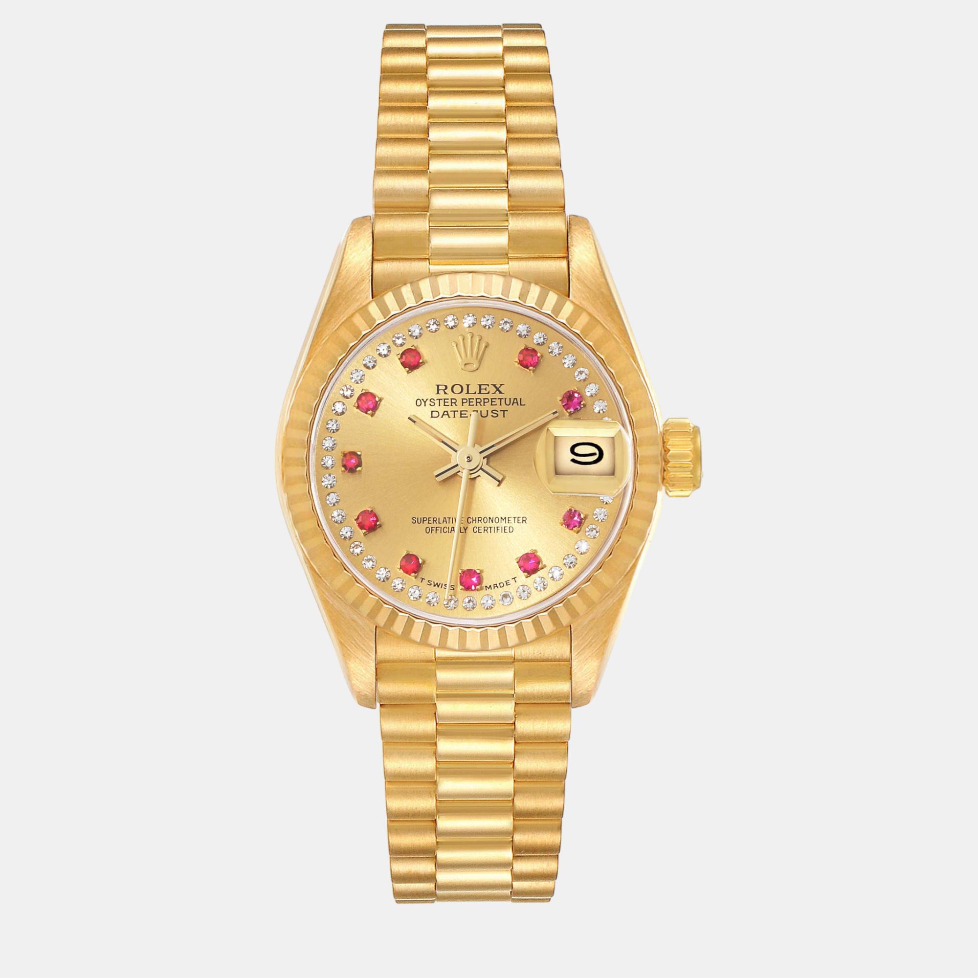 

Rolex Datejust President Yellow Gold Diamond Ruby Ladies Watch