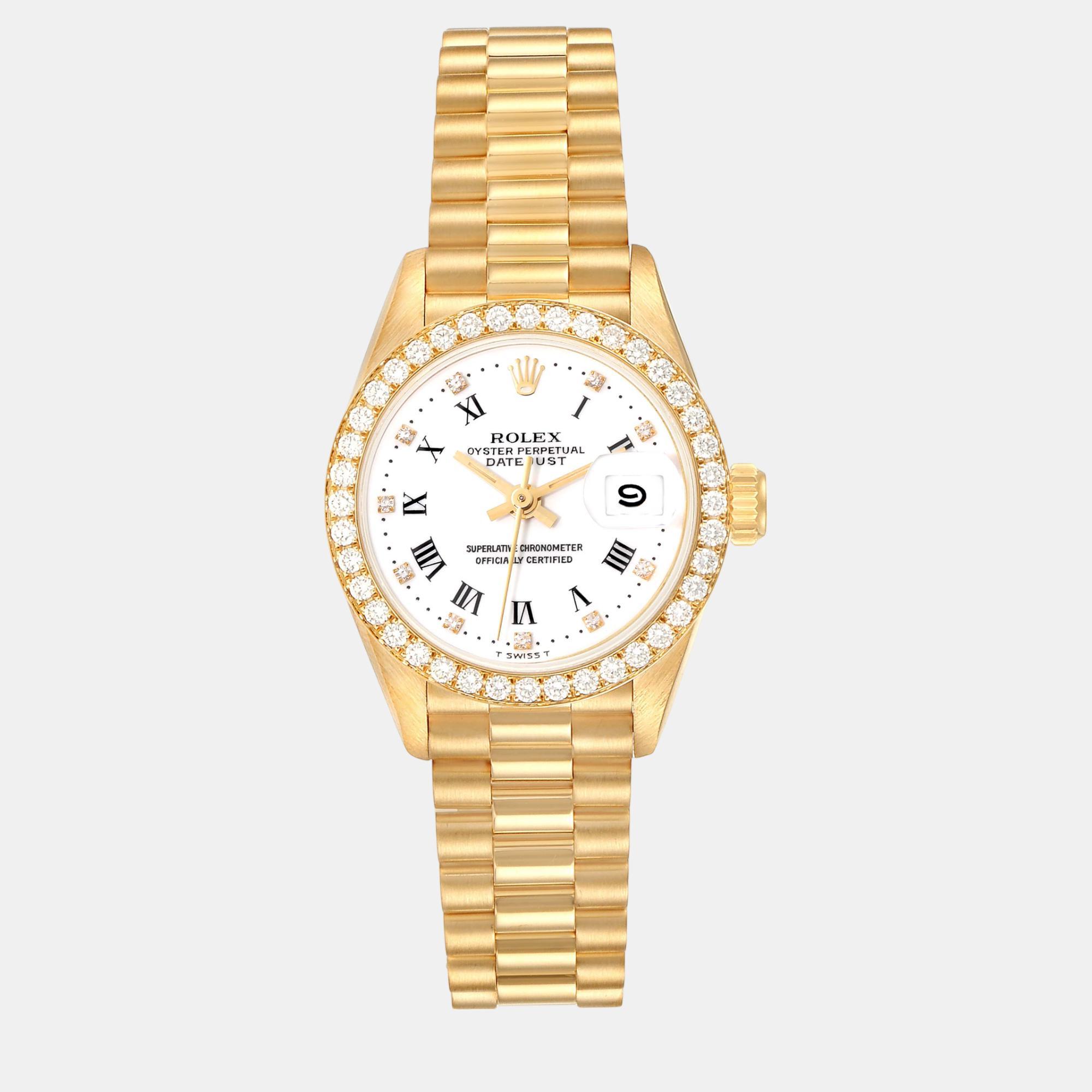 

Rolex President Datejust Yellow Gold White Dial Diamond Ladies Watch 26 mm