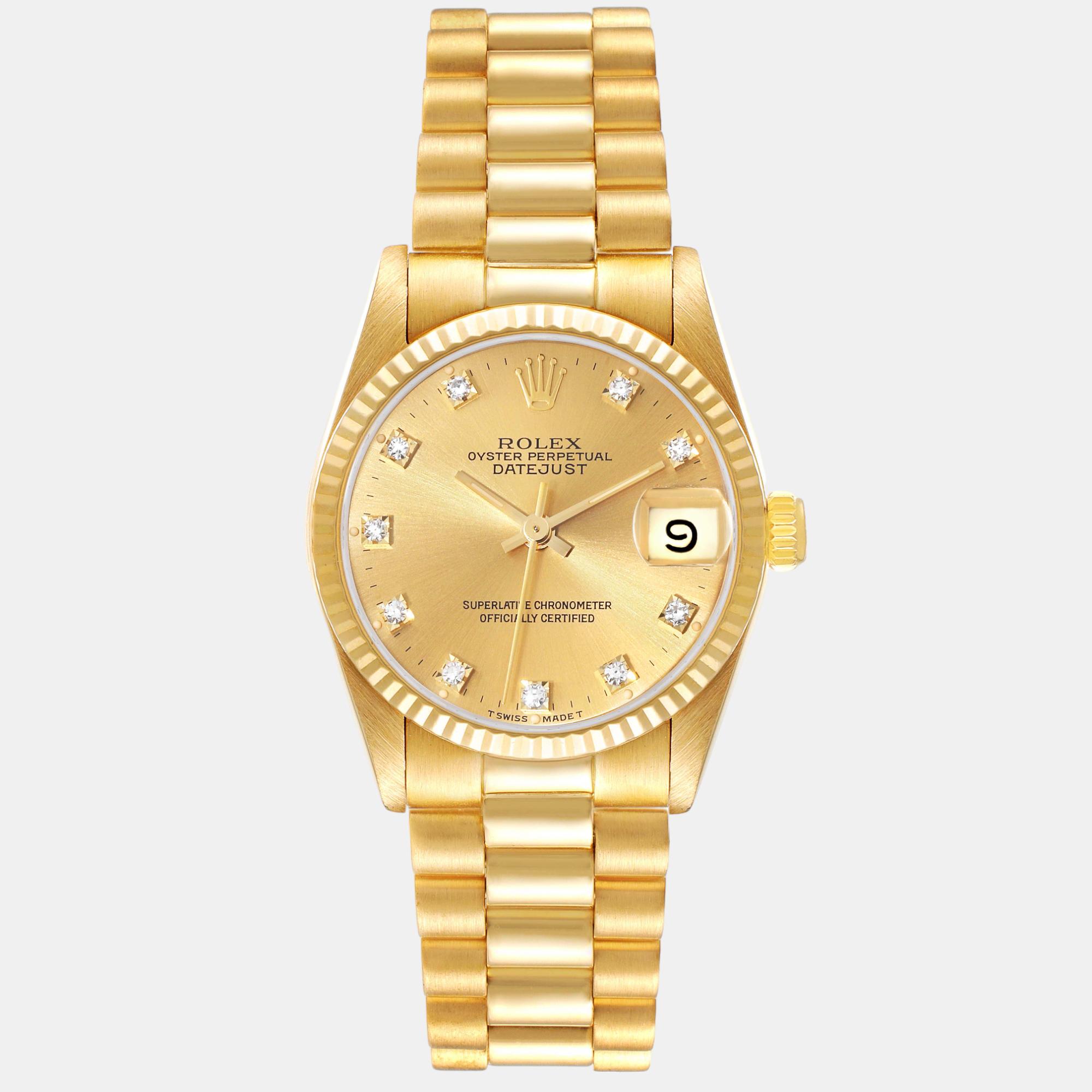 

Rolex President Midsize Yellow Gold Diamond Dial Ladies Watch 31 mm