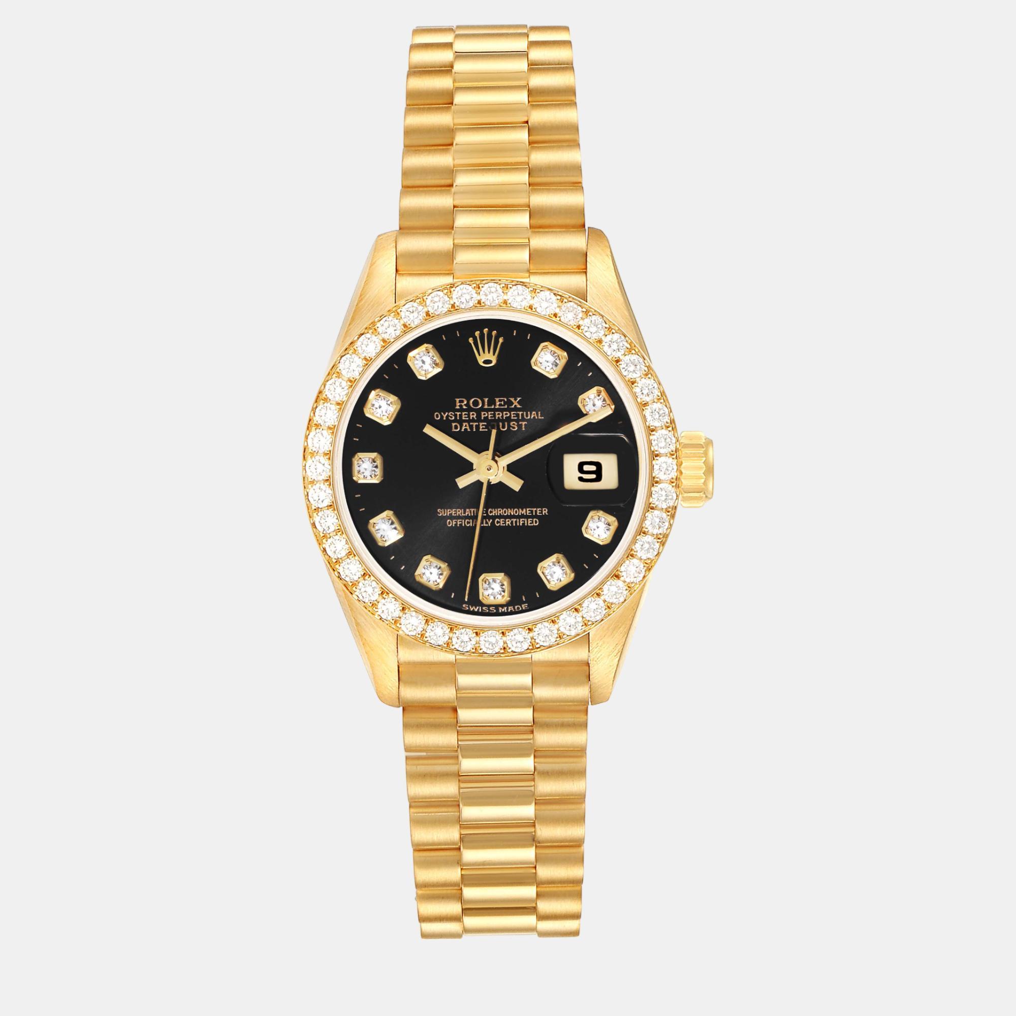 

Rolex Datejust President Yellow Gold Black Dial Diamond Ladies Watch 26 mm