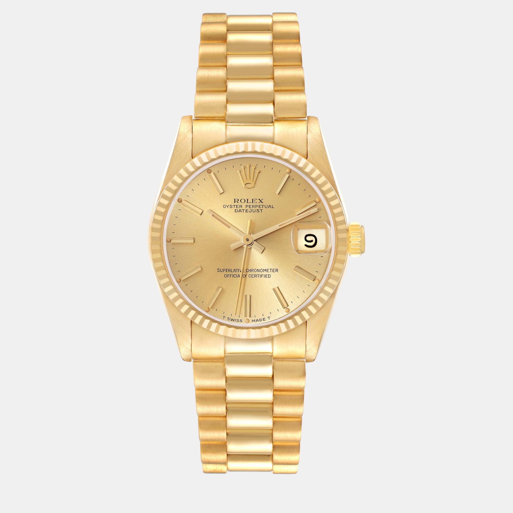 Pre-owned Rolex President Datejust Midsize Yellow Gold Ladies Watch 31 Mm