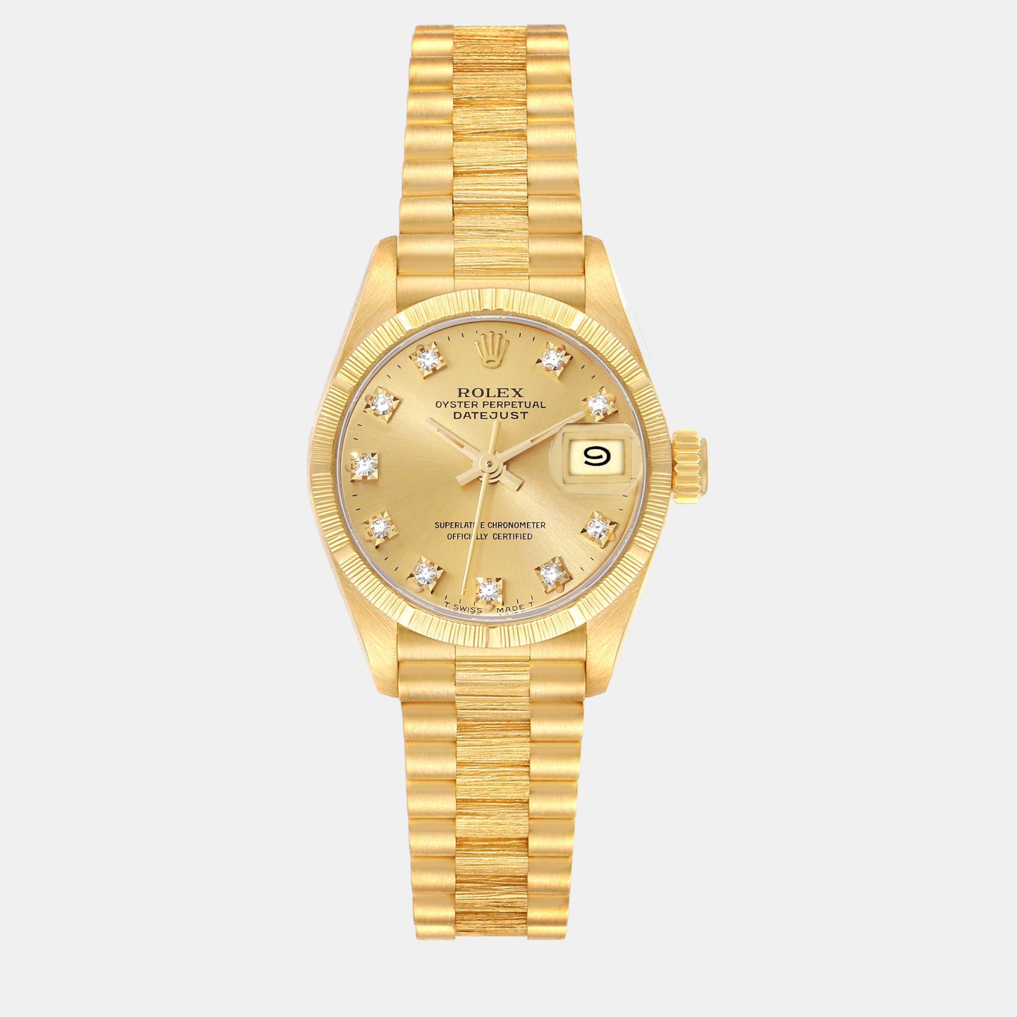 Pre-owned Rolex Datejust President Diamond Dial Yellow Gold Bark Finish Ladies Watch 26 Mm
