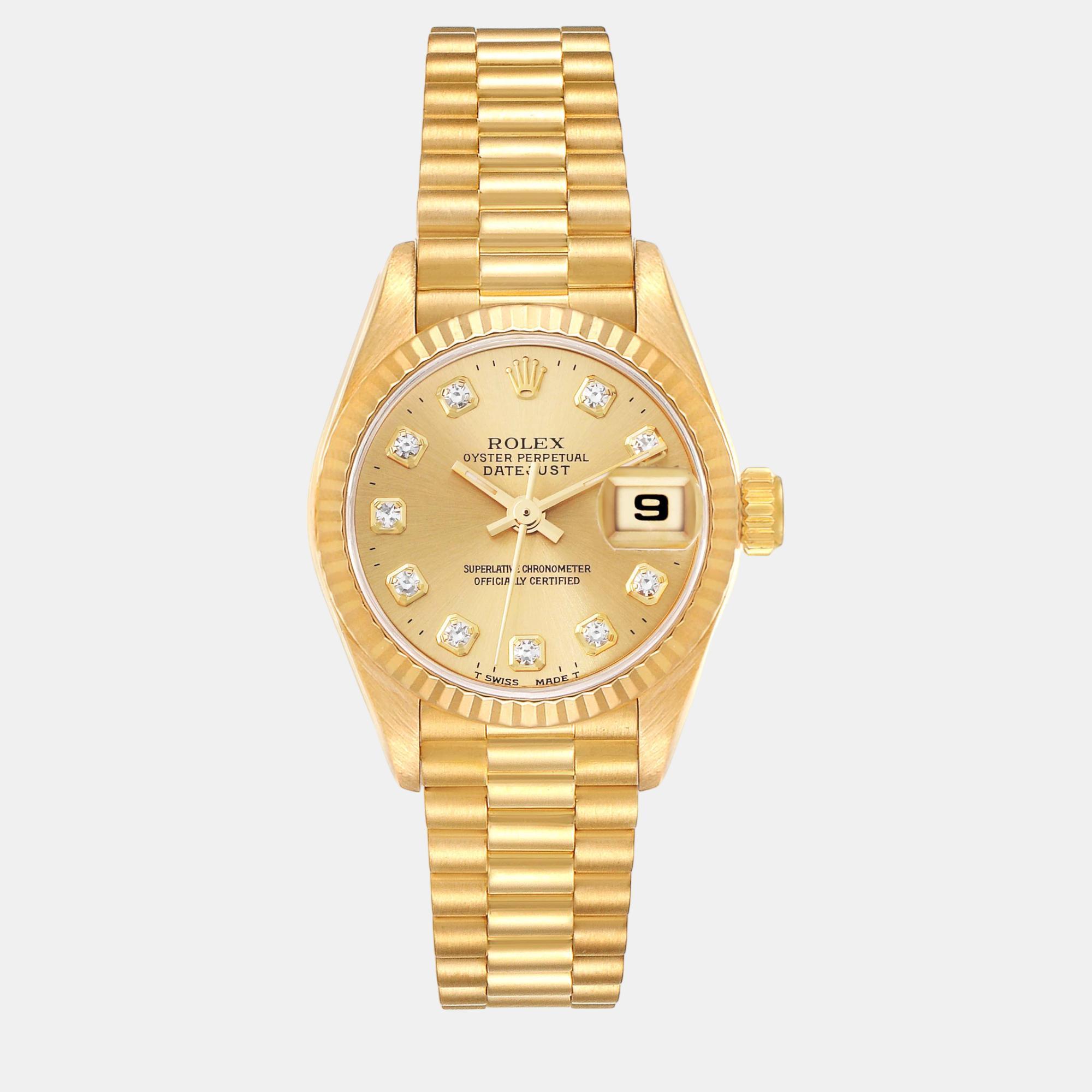 Pre-owned Rolex Datejust President Diamond Dial Yellow Gold Ladies Watch 26 Mm