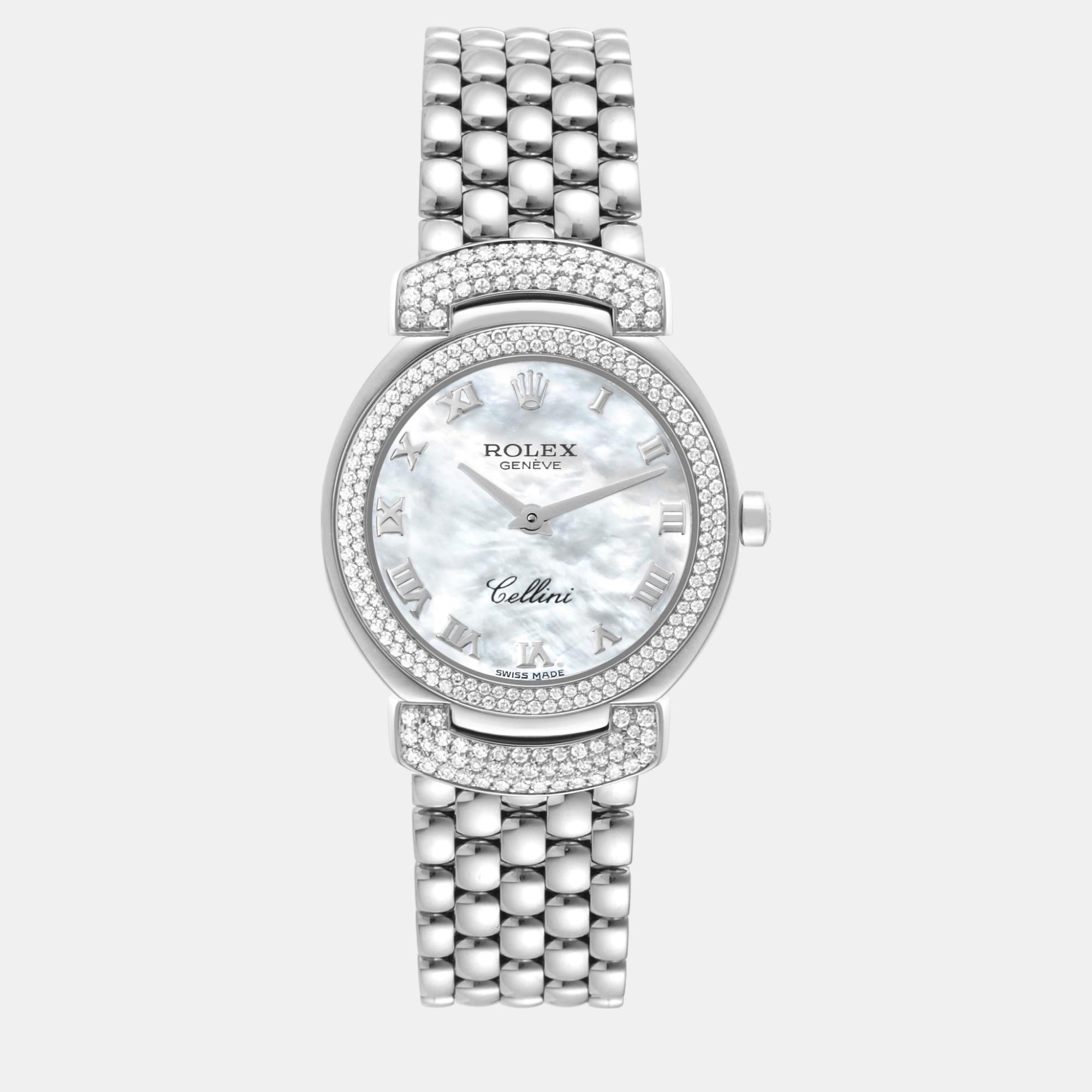 Pre-owned Rolex Cellini Cellissima White Gold Mother Of Pearl Dial Diamond Ladies Watch 26 Mm In Blue