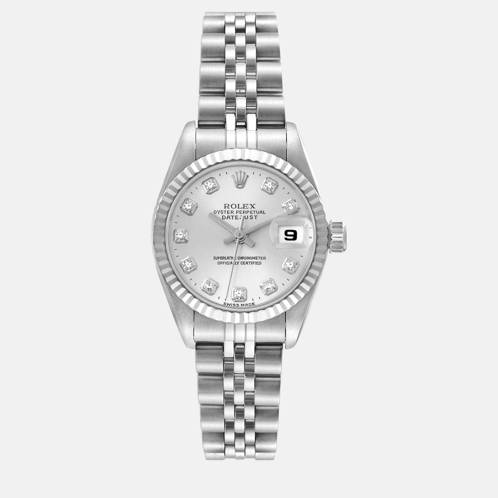 Pre-owned Rolex Datejust Steel White Gold Diamond Dial Ladies Watch 26 Mm In Silver