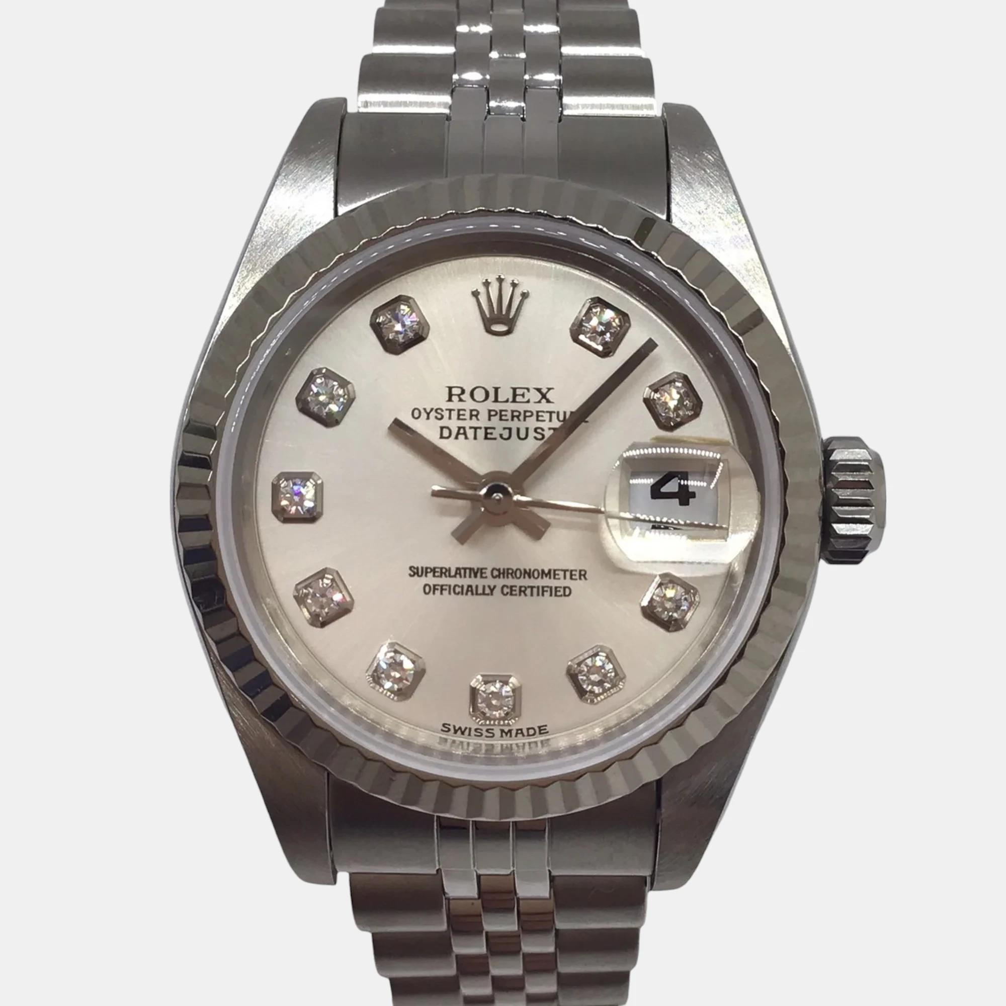 

Rolex Silver 18k White Gold Stainless Steel Diamond Datejust 79174 Automatic Women's Wristwatch 26 mm