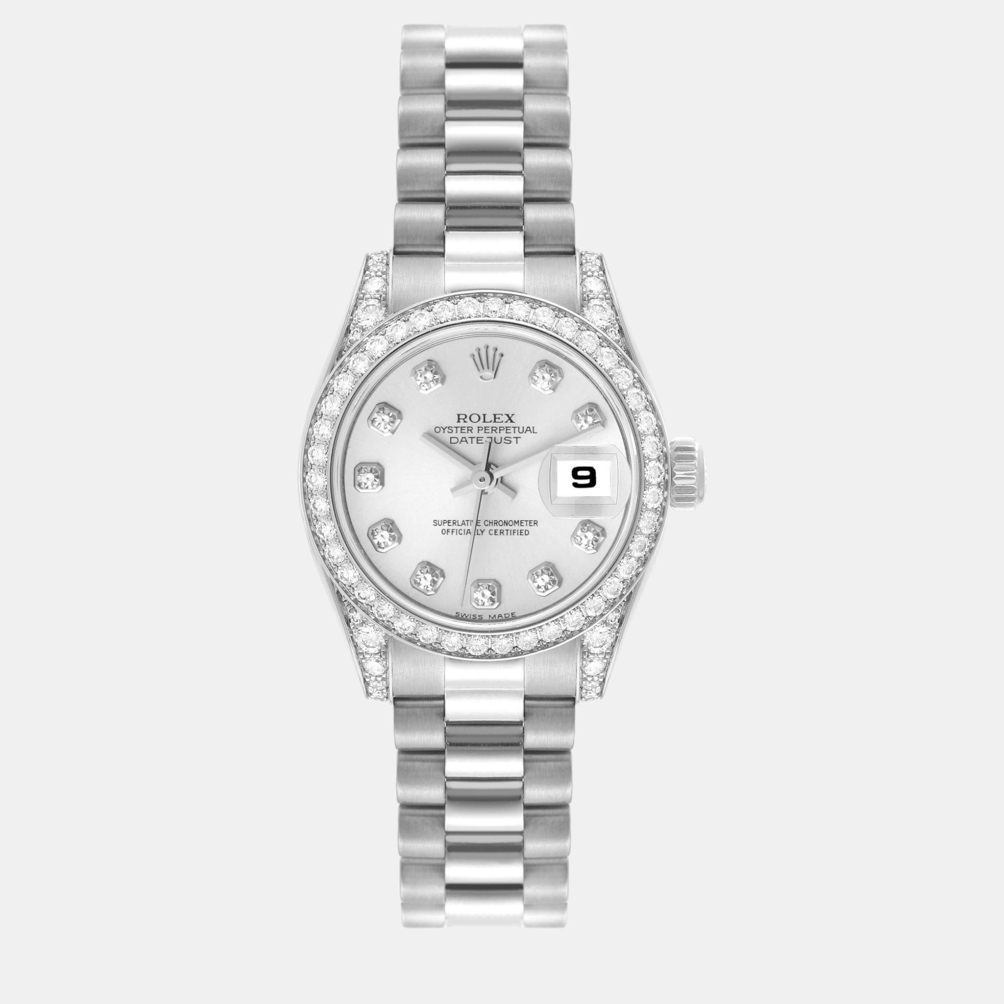 

Rolex Datejust President White Gold Diamond Bezel Ladies Watch 26 mm, Silver