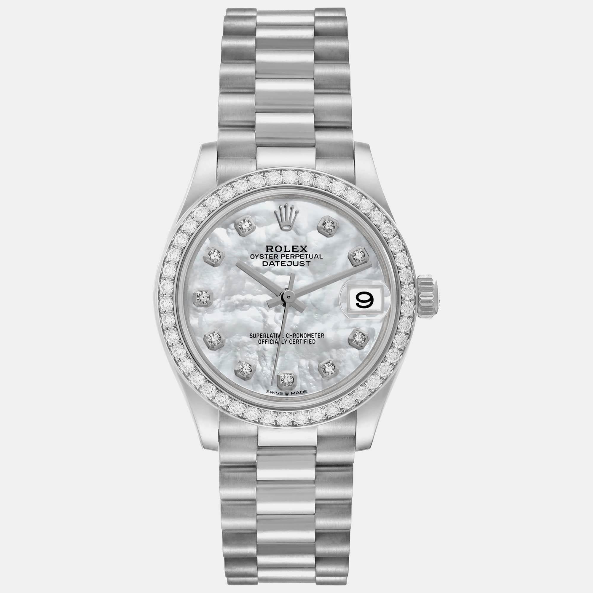 

Rolex President Datejust Midsize White Gold Mother Of Pearl Diamond Women's Watch 31 mm