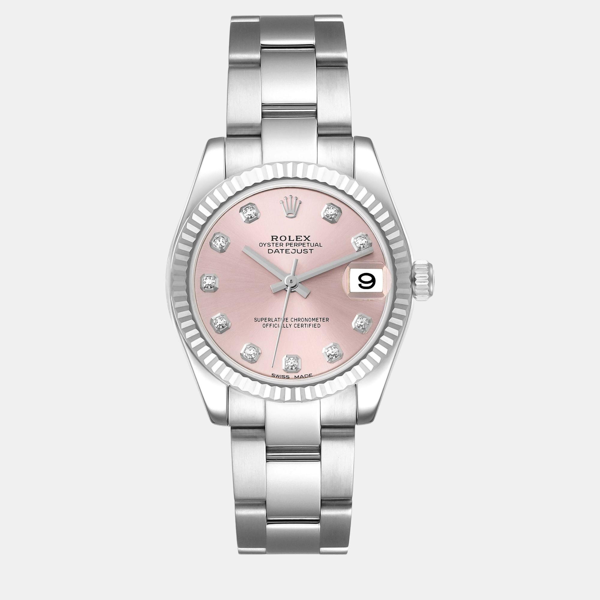 Pre-owned Rolex Datejust Midsize Steel White Gold Pink Diamond Dial Ladies Watch 31 Mm
