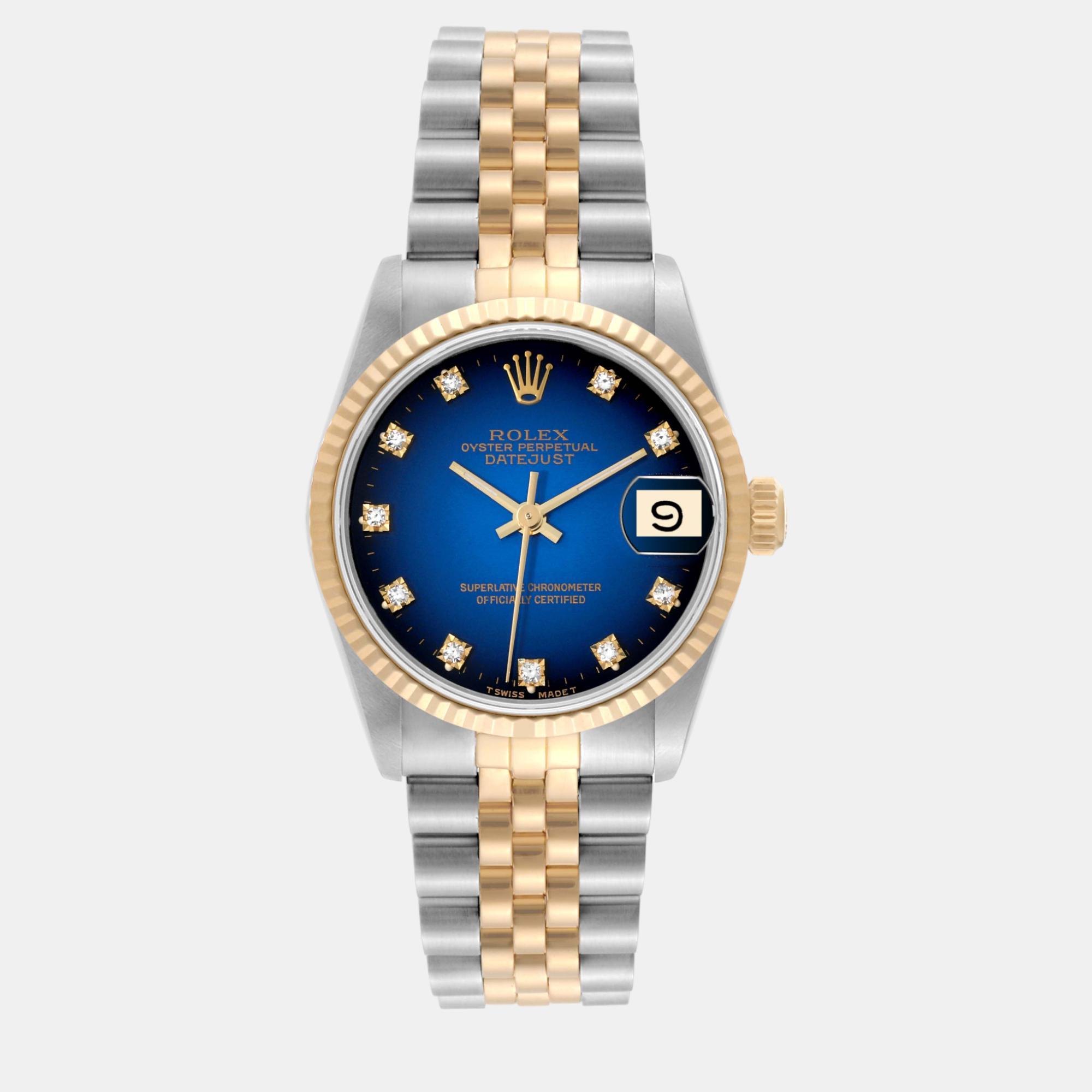 

Rolex Datejust Midsize Steel Yellow Gold Vignette Diamond Dial Ladies Watch 31 mm, Blue